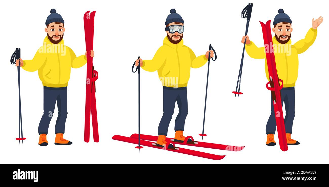 Skifahrer in verschiedenen Posen. Männliche Figur im Cartoon-Stil. Stock Vektor