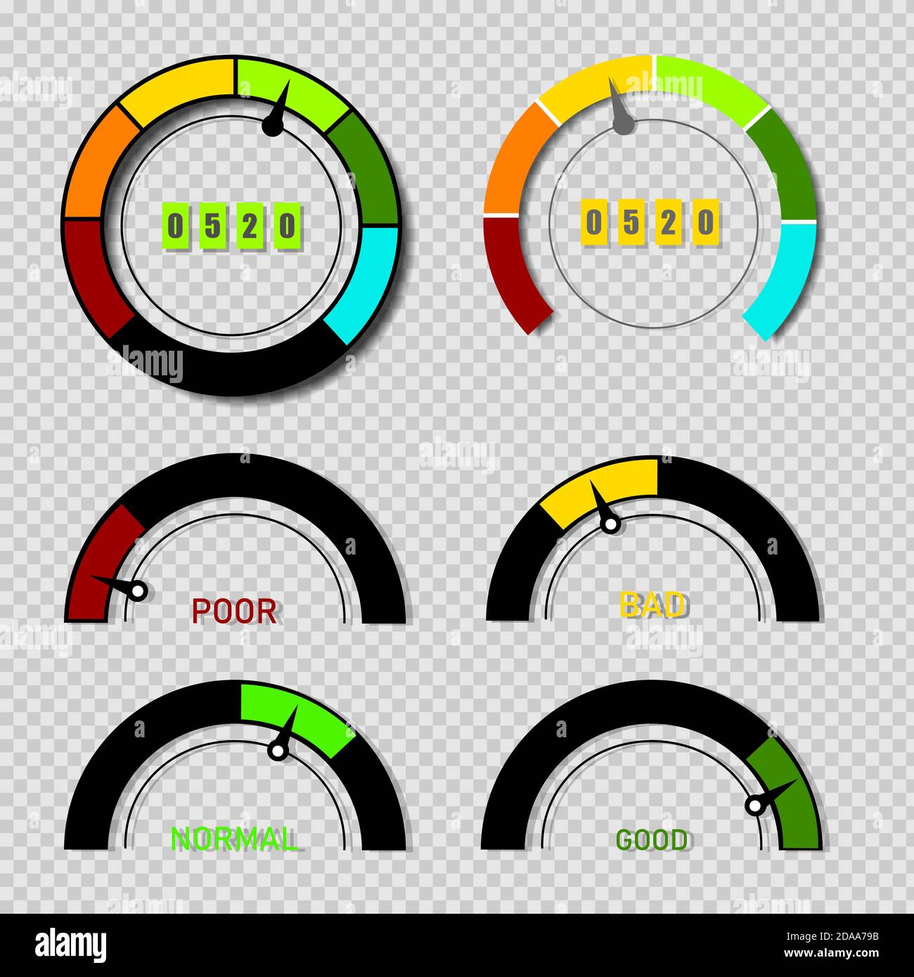 Scoring-Indikatoren. Tachometer für Waren, Anzeigen für Leistungsmesser. Satz von isolierten Vektorgrafiken auf transparentem Hintergrund. Stock Vektor