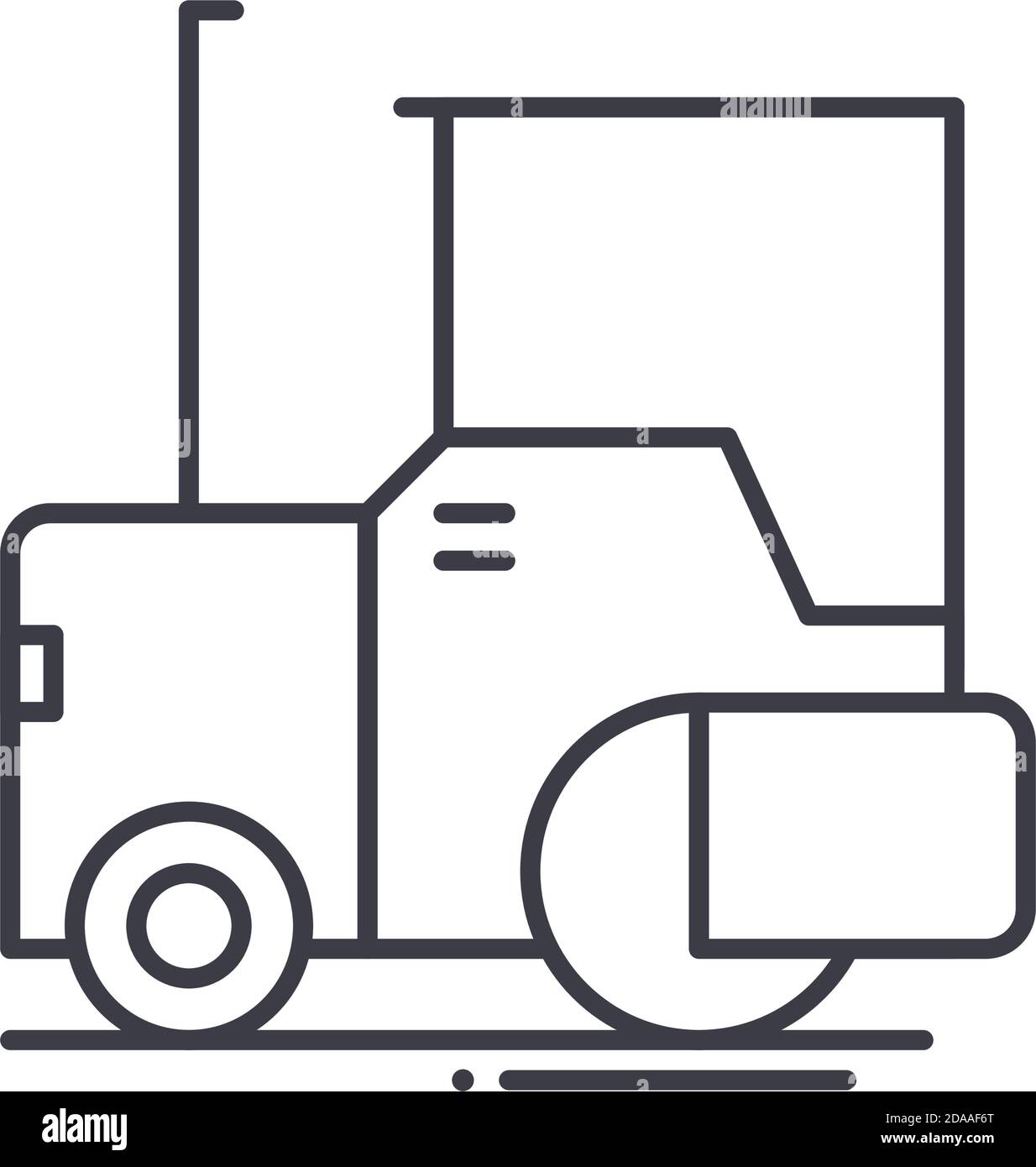 Asphalt-Fertiger-Symbol, lineare isolierte Illustration, dünne Linie Vektor, Web-Design-Zeichen, Kontur Konzept-Symbol mit editierbarer Kontur auf weißem Hintergrund. Stock Vektor