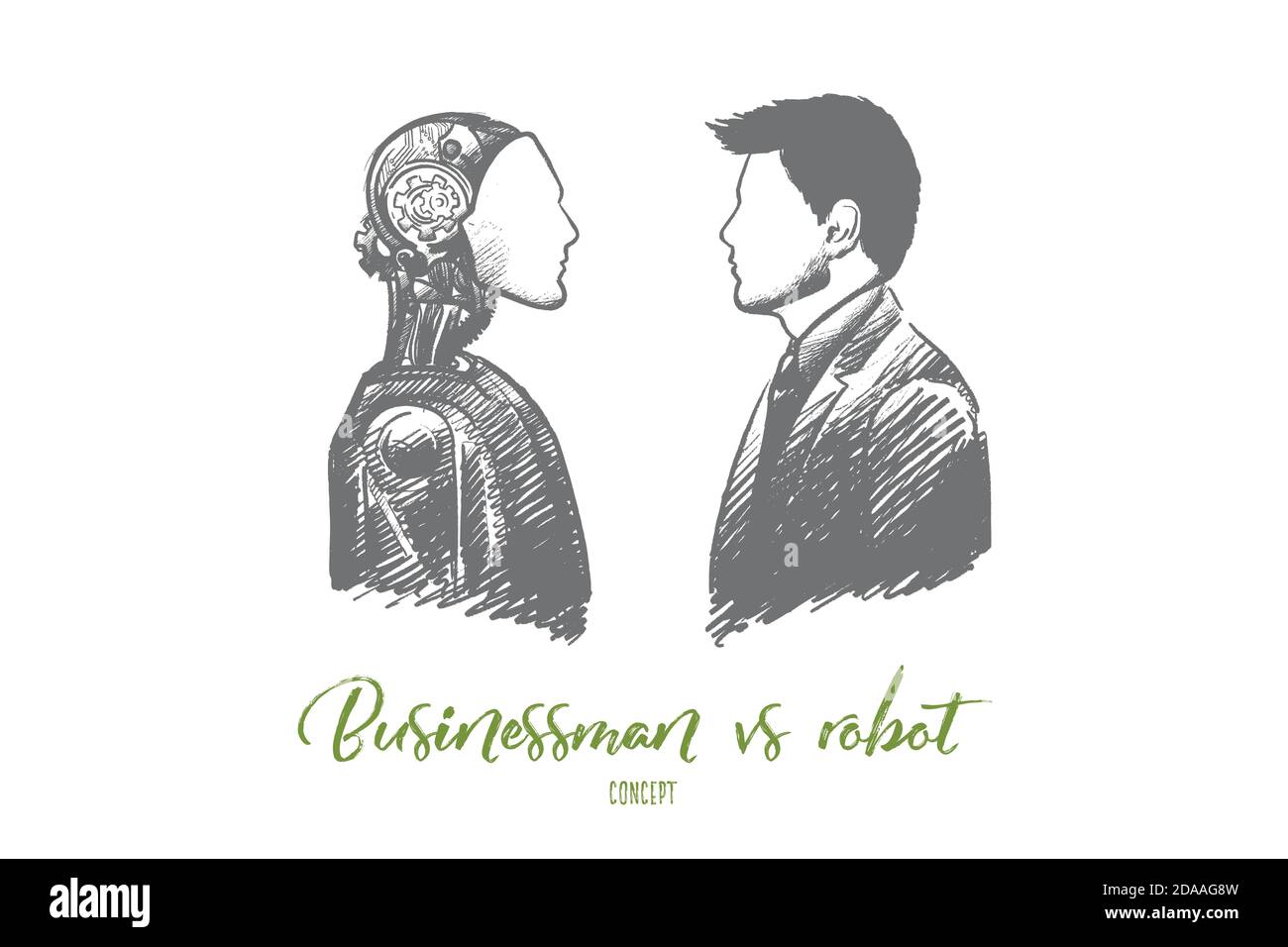Geschäftsmann vs Roboter Konzept. Von Hand gezeichneter isolierter Vektor. Stock Vektor