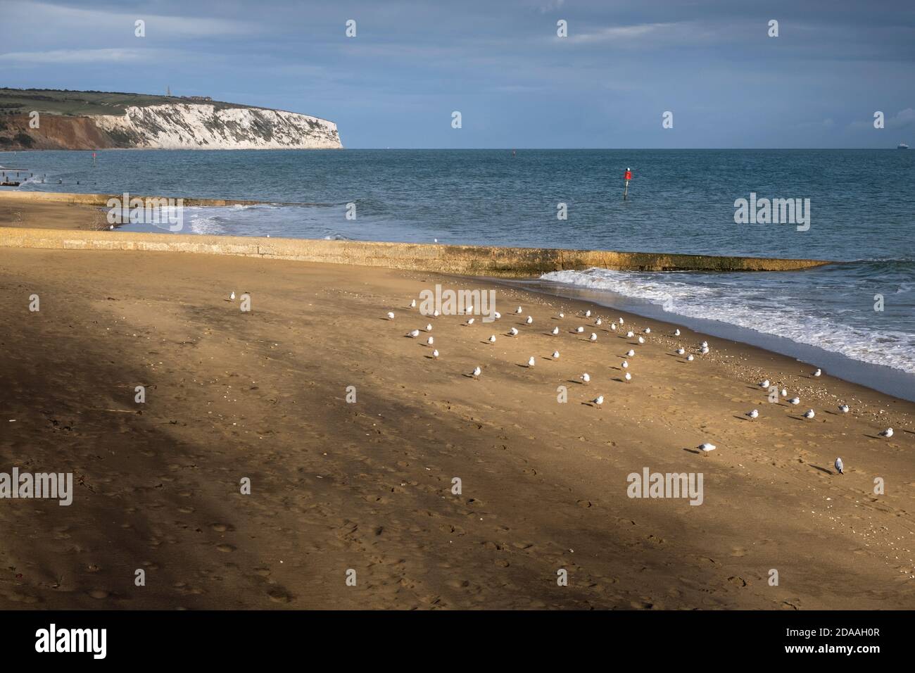 Sandown Strand außerhalb der Saison und Blick auf Culver Cliff, Insel Wight Stockfoto