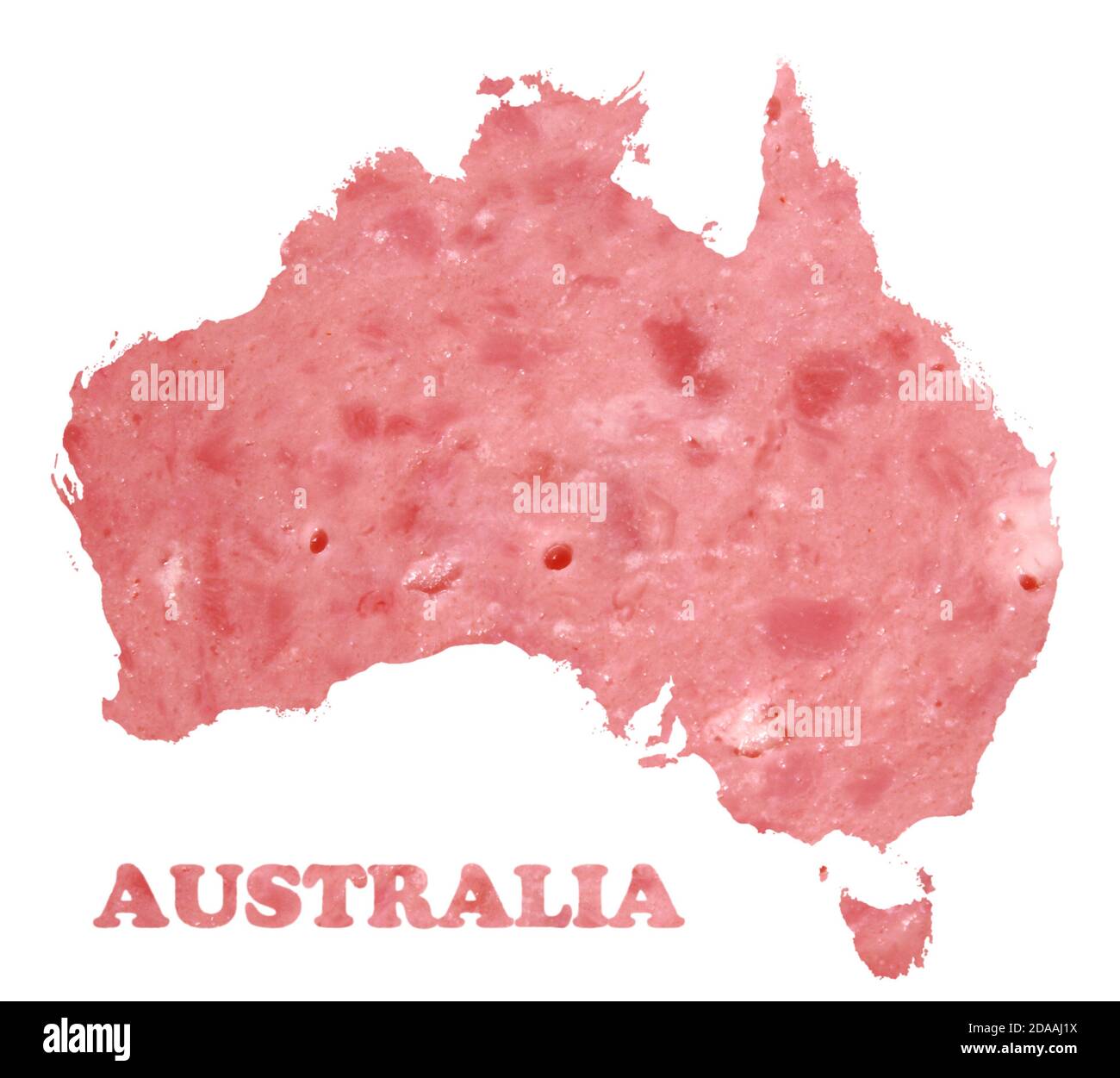 Nahaufnahme von oben Aufnahme der australischen Karte aus Schinken Auf einer weißen Oberfläche Stockfoto