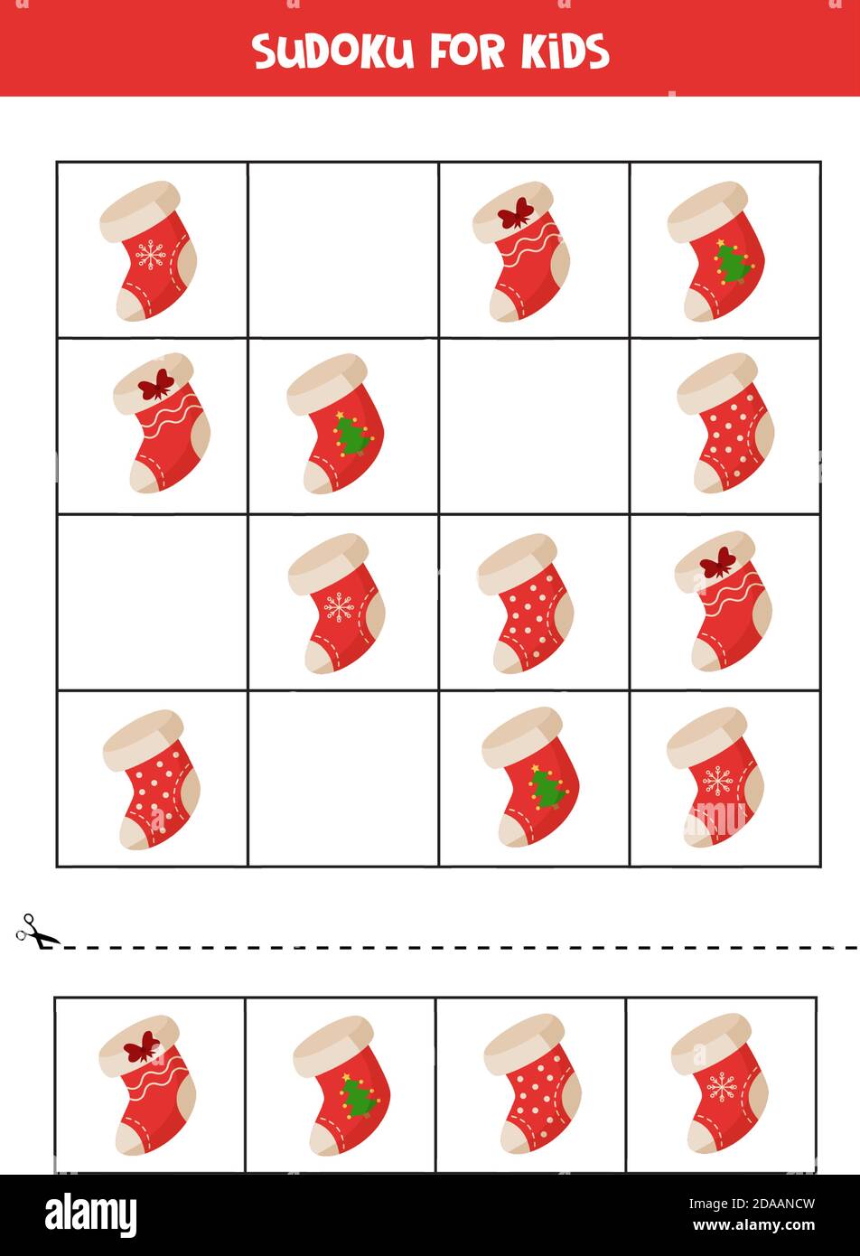Sudoku Spiel für Kinder. Set von Weihnachtssocken. Stock Vektor
