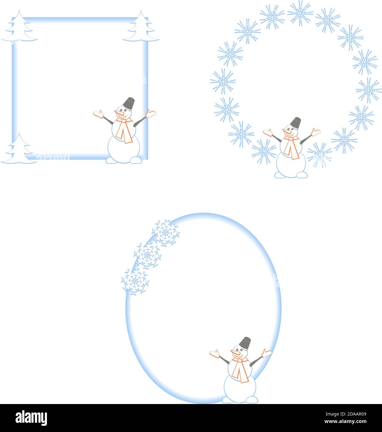 Neujahr und Weihnachtsrahmen mit Schneemann, Weihnachtsbaum und Schneeflocken Stock Vektor