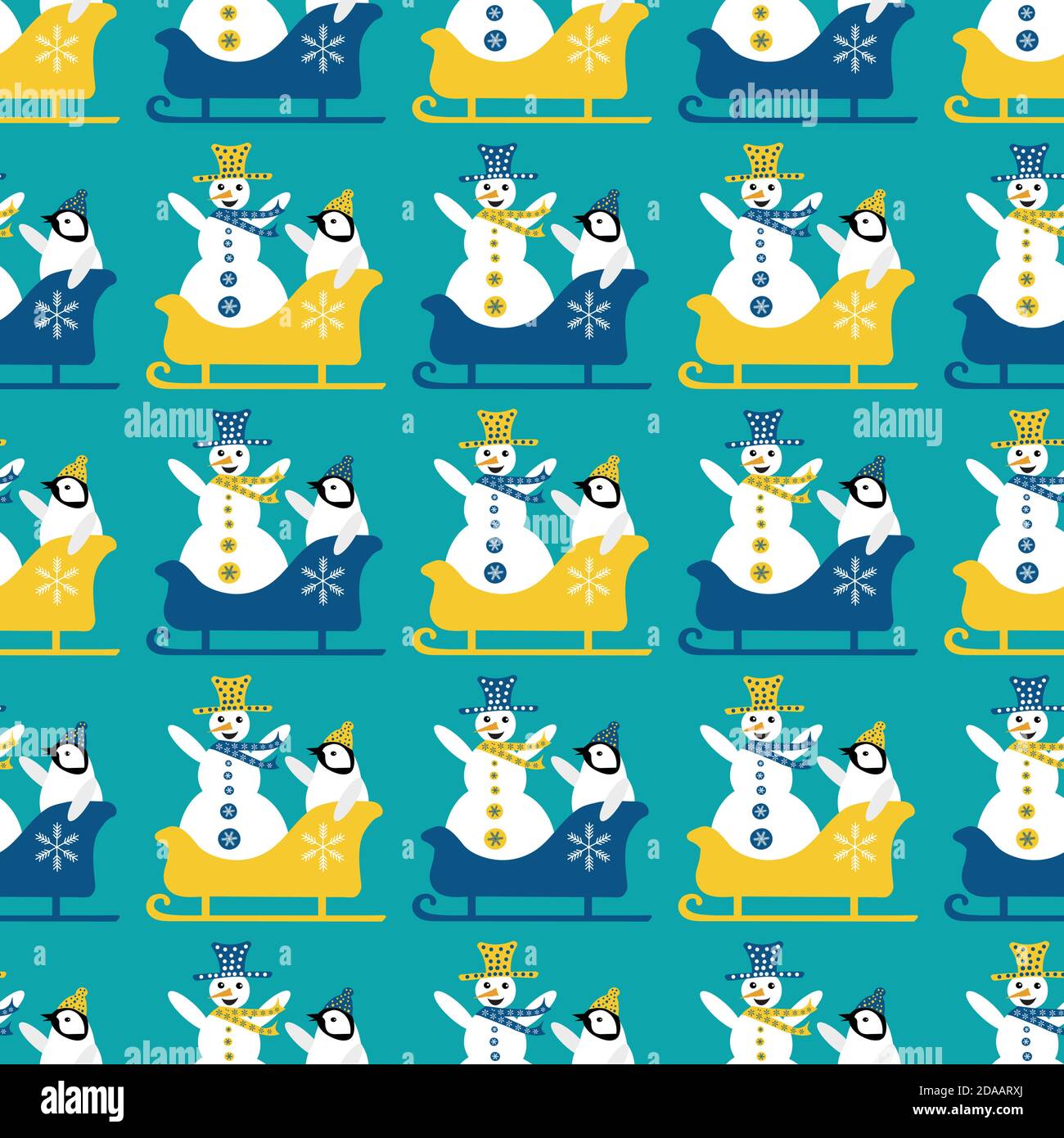 Schneemann und Baby Pinguin Schlitten nahtlose Vektor-Muster Hintergrund. Blaue gelbe geometrische Kulisse mit lachenden Schneemännern, kleine Pinguine sitzen in Stock Vektor