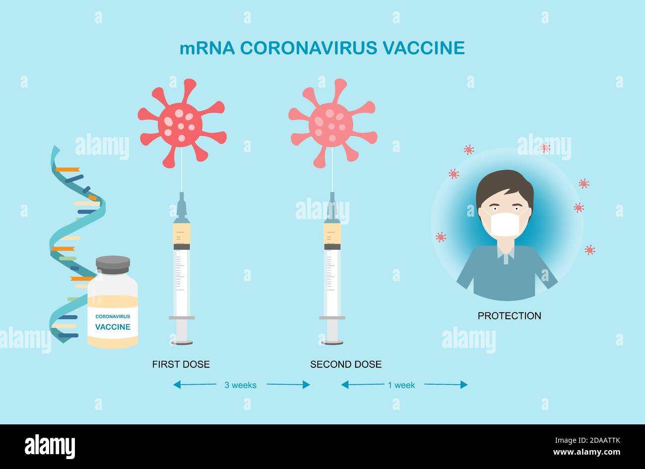 Konzepte des mRNA-Impfstoffs für den Coronavirus-Schutz. Illustration von mRNA, Spritze mit Nadel und einer Flasche Impfstoff zur Immunisierung gegen Corona Stock Vektor