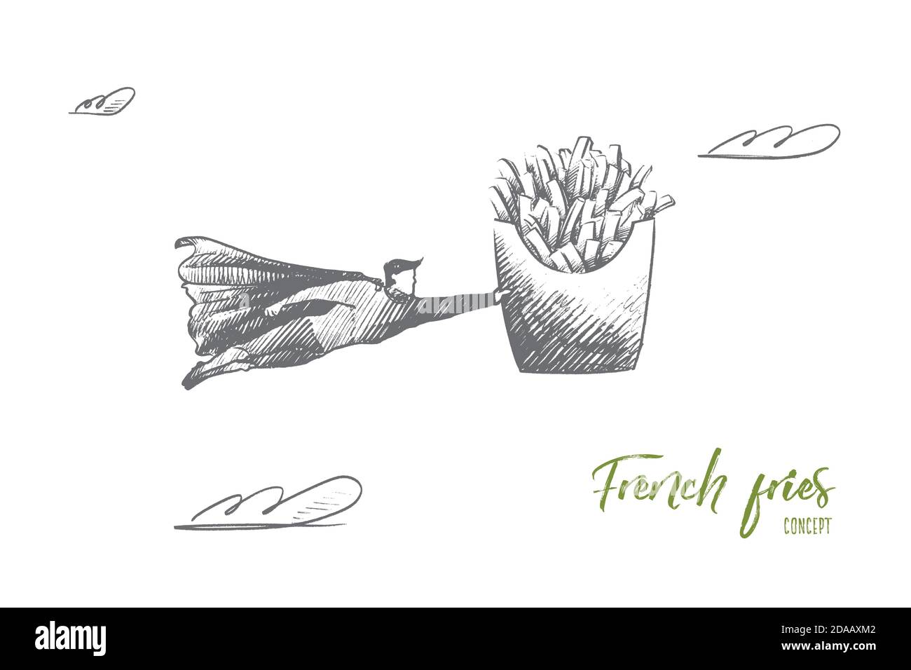 Pommes-Frites-Konzept. Von Hand gezeichneter isolierter Vektor. Stock Vektor