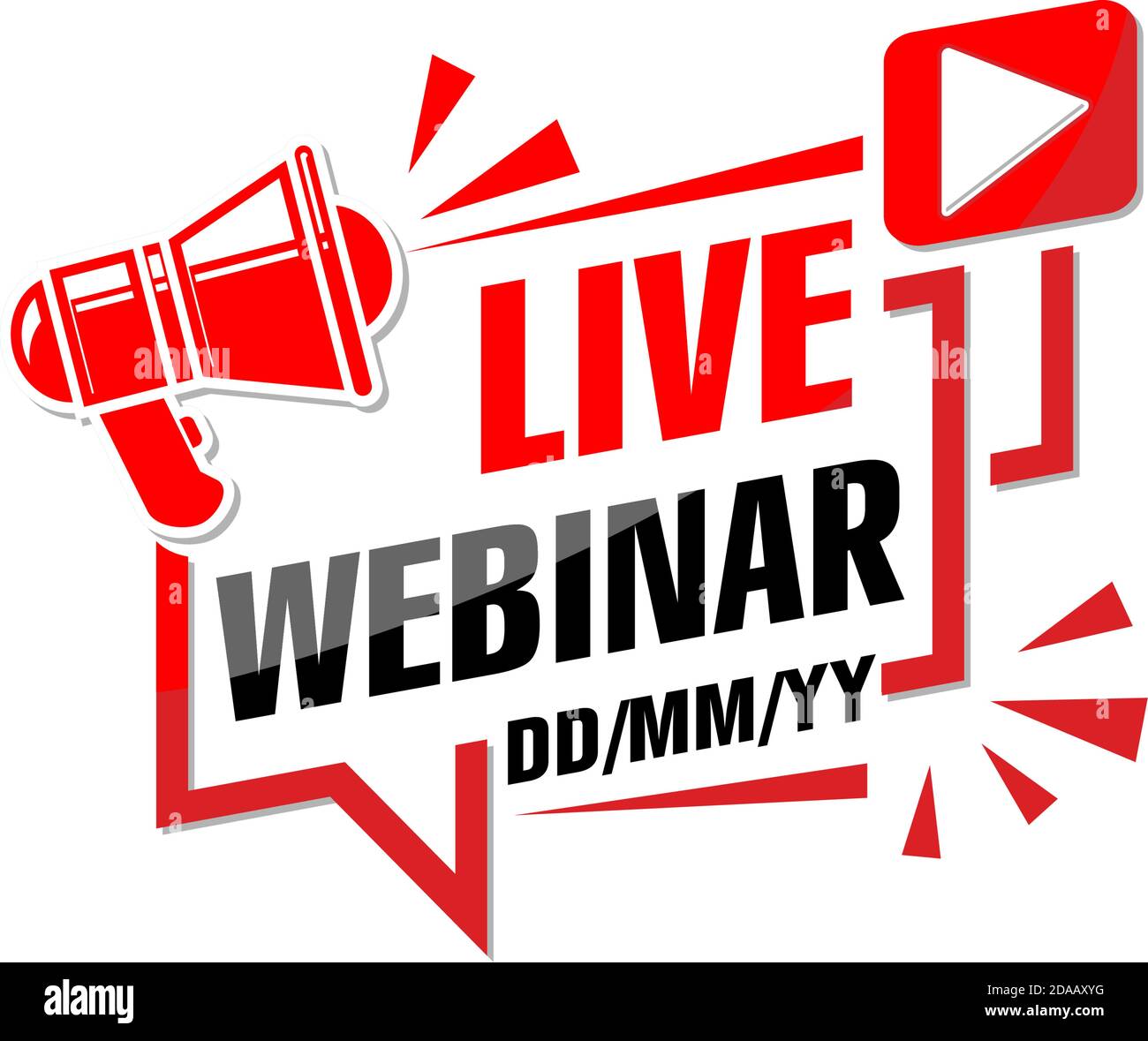 Ankündigung des Live-Webinars. Megaphon über dem Rahmen des Monitorbildschirms, Datum des Ereignisses. Illustration, Vektor auf transparentem Hintergrund Stock Vektor