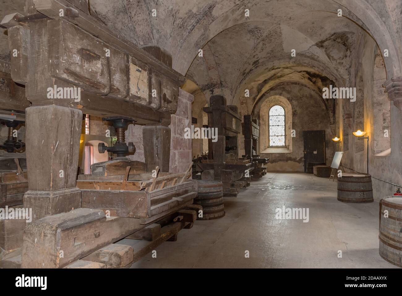 Historische Weinpressen im Laienrefektorium des Klosters Eberbach, Hessen, Deutschland Stockfoto
