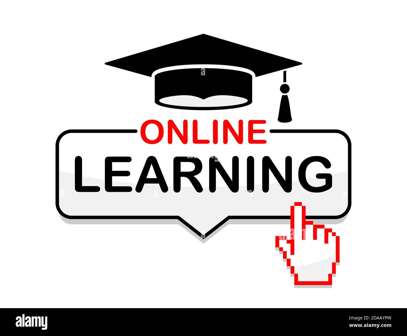 Online-Lernen. Werbung Internet Bildung, Schulungen. Flaches Design Abzeichen, Symbol mit Cursor. Abbildung, Vektor Stock Vektor