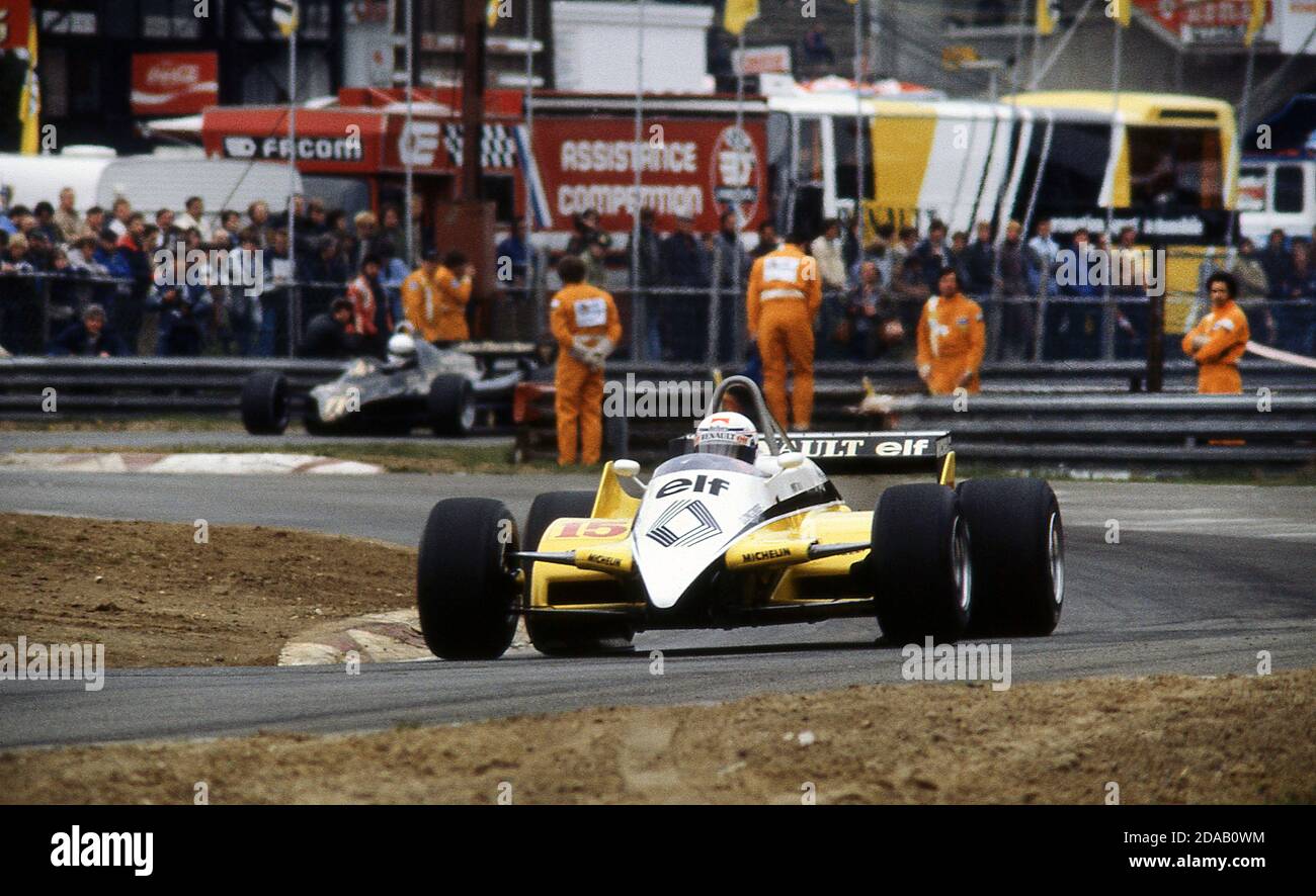 Alain Prost in Renault beim Grand Prix von Belgien bei Zolder 1982 Stockfoto