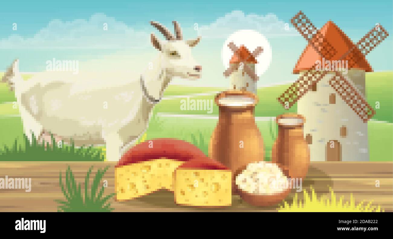 Ziege auf Wiese mit Windmühlen, neben einem Tisch mit Käse, Hüttenkäse und Milch auf der Oberseite. Realistisch. 3D-Modellierung der Produktplatzierung. Vektor Stock Vektor