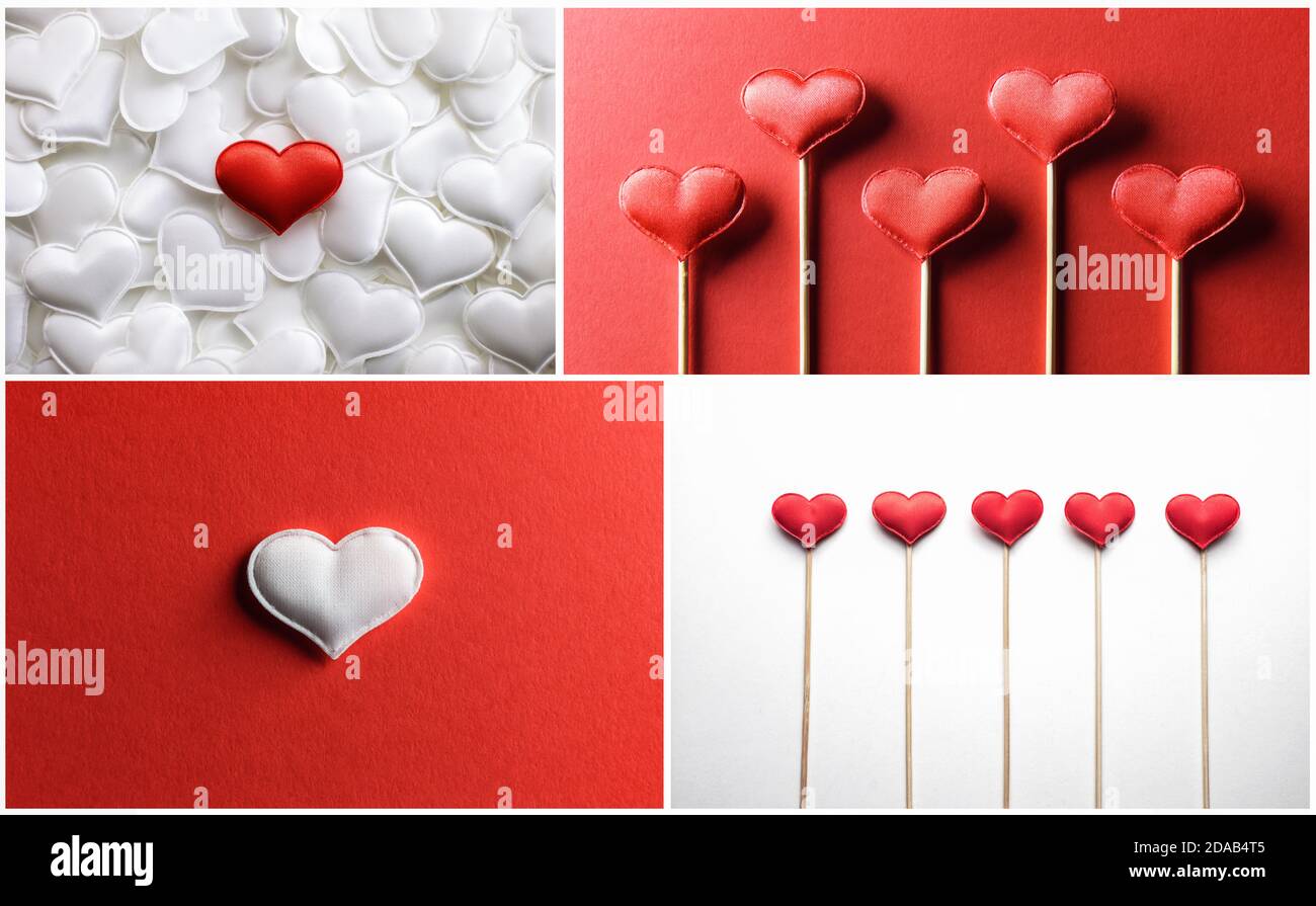 Set aus vier Bildern für Valentinstag. Rote Textilherzen auf weißem Hintergrund Stockfoto