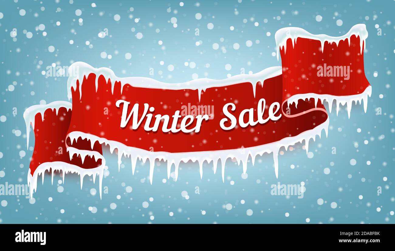 Winter Sale Banner mit rotem realistischem Band, Eiszapfen und fallendem Schnee. Vektorgrafik Stock Vektor