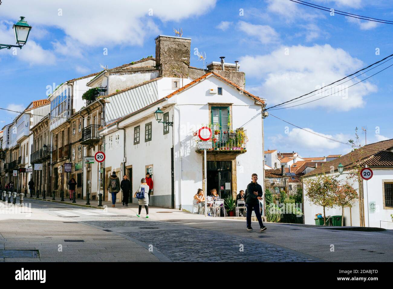 Rua de San Pedro - St. Peter Straße. Französischer Weg, Jakobsweg. Santiago de Compostela, A Coruña, Galicien, Spanien, Europa Stockfoto