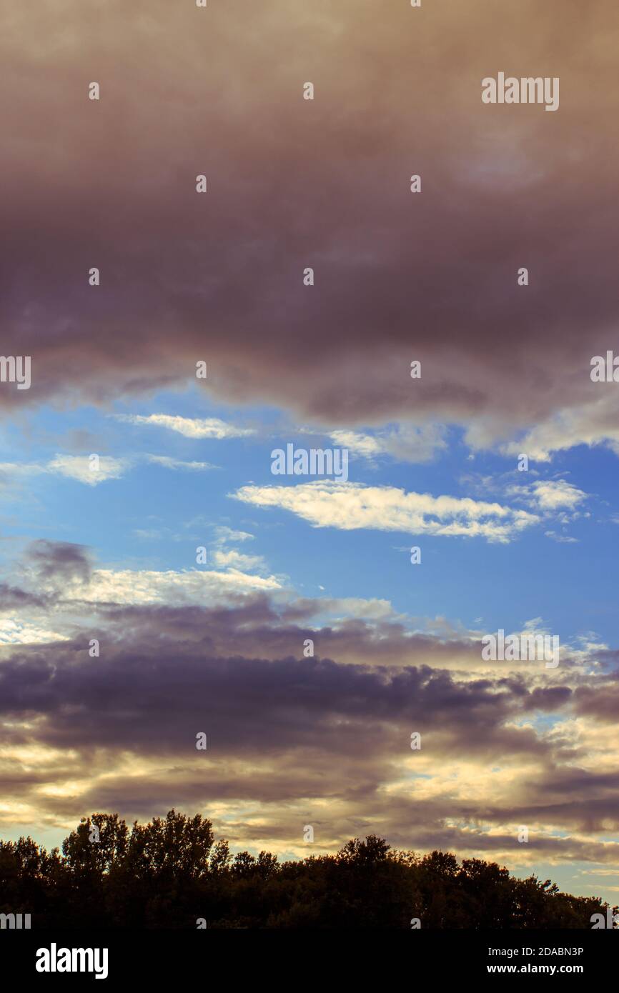 Spektakuläre Magenta und gelbe Farben in den Wolken zur goldenen Stunde. Skyscape für Sky Replacement (Hochformat) Stockfoto