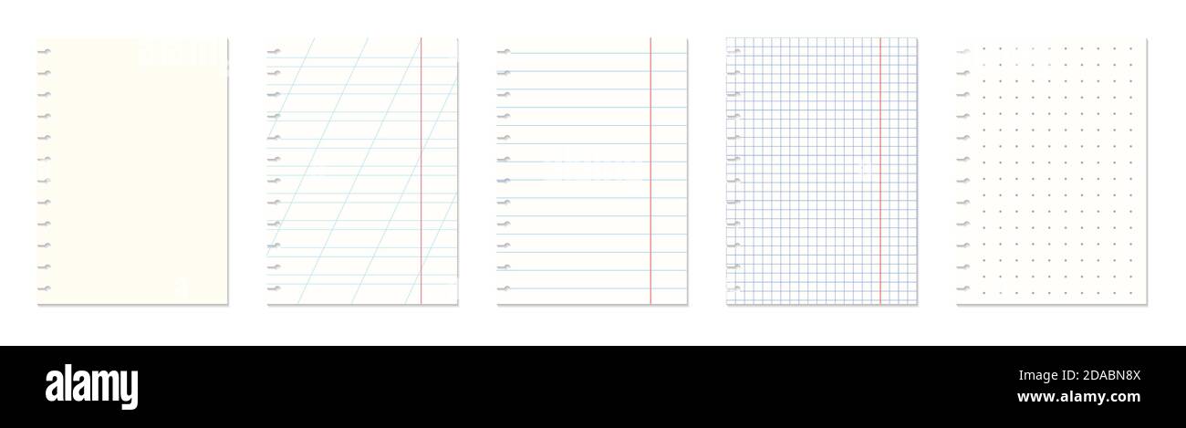 Unterschiedlich liniertes Notizpapier. Leere Blätter für Hausaufgaben und Übungen. Vektorvorlagen für Memos festgelegt Stock Vektor