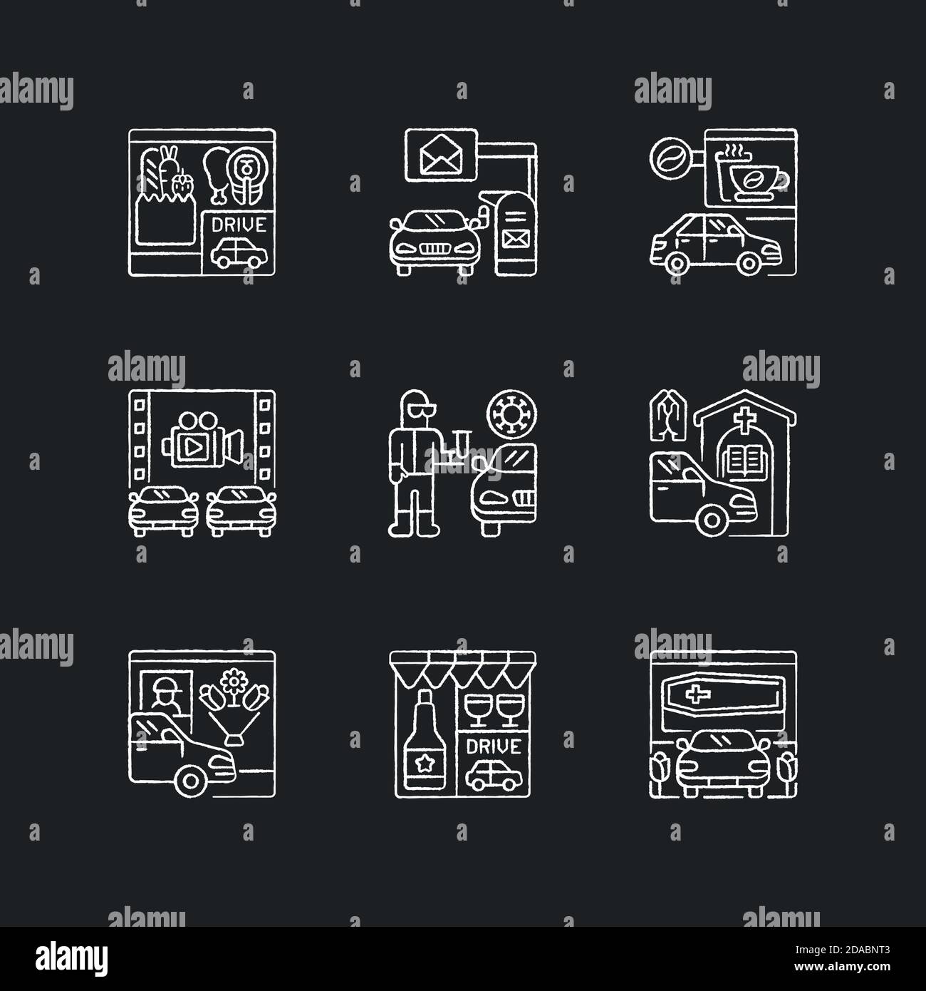 Drive in Dienste Kreide weiße Symbole auf schwarzem Hintergrund gesetzt Stock Vektor