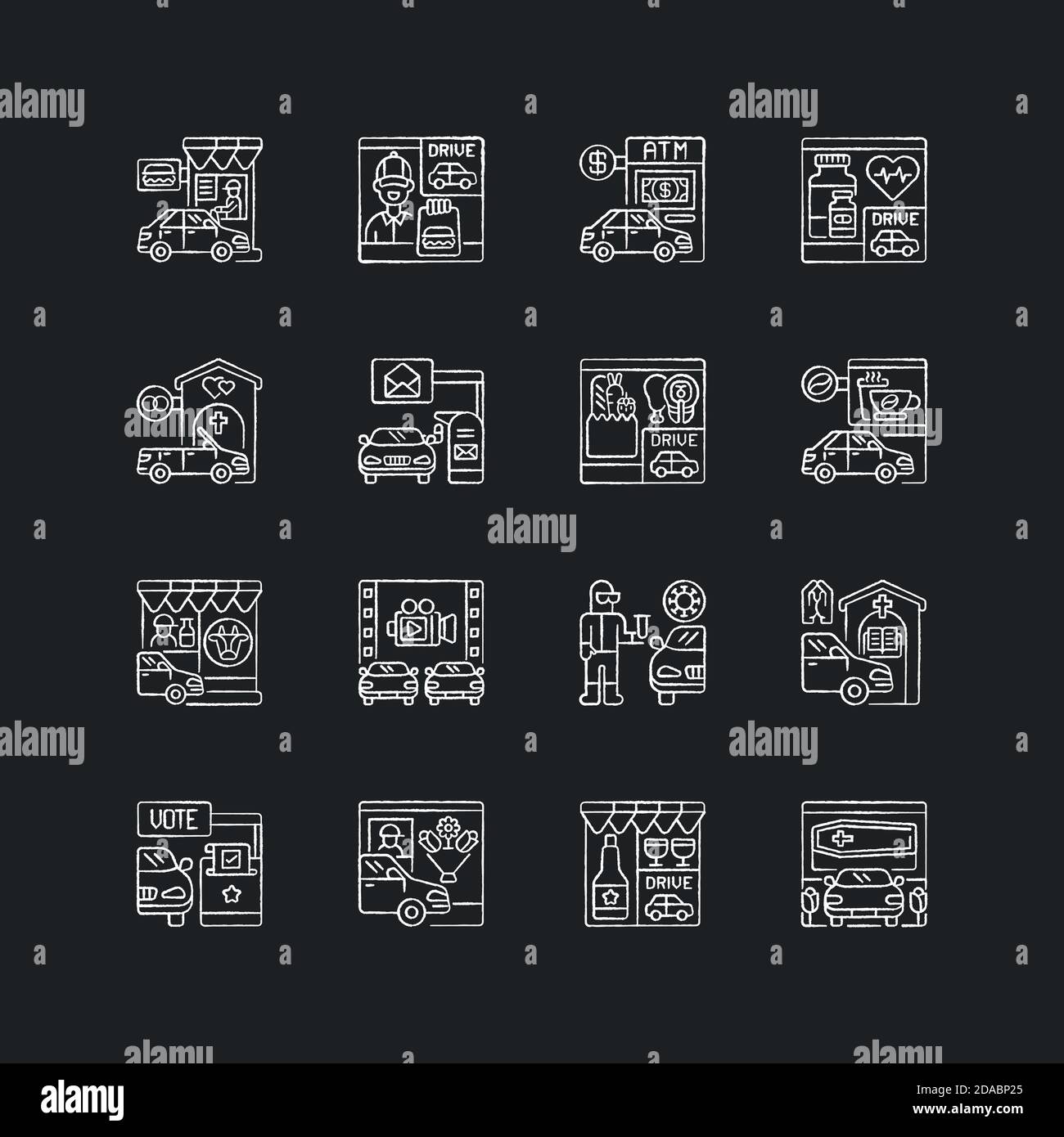 Fahren Sie durch Dienste Kreide weiße Symbole auf schwarzem Hintergrund gesetzt Stock Vektor