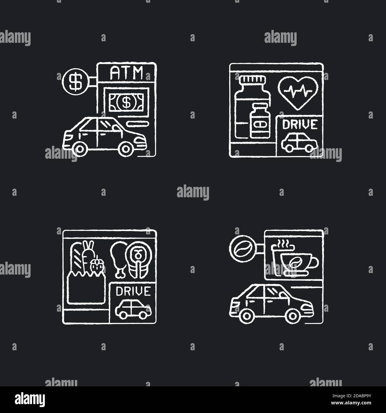 Auto in Fahrt in Kreide weiße Symbole auf schwarz gesetzt Hintergrund Stock Vektor