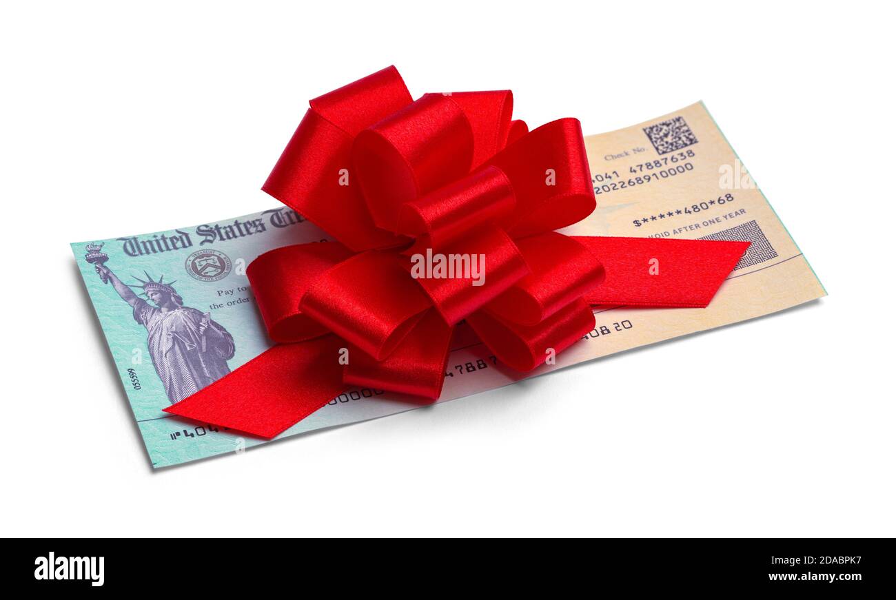 Bundessteuer-Rückgabescheck mit roter Schleife. Stockfoto