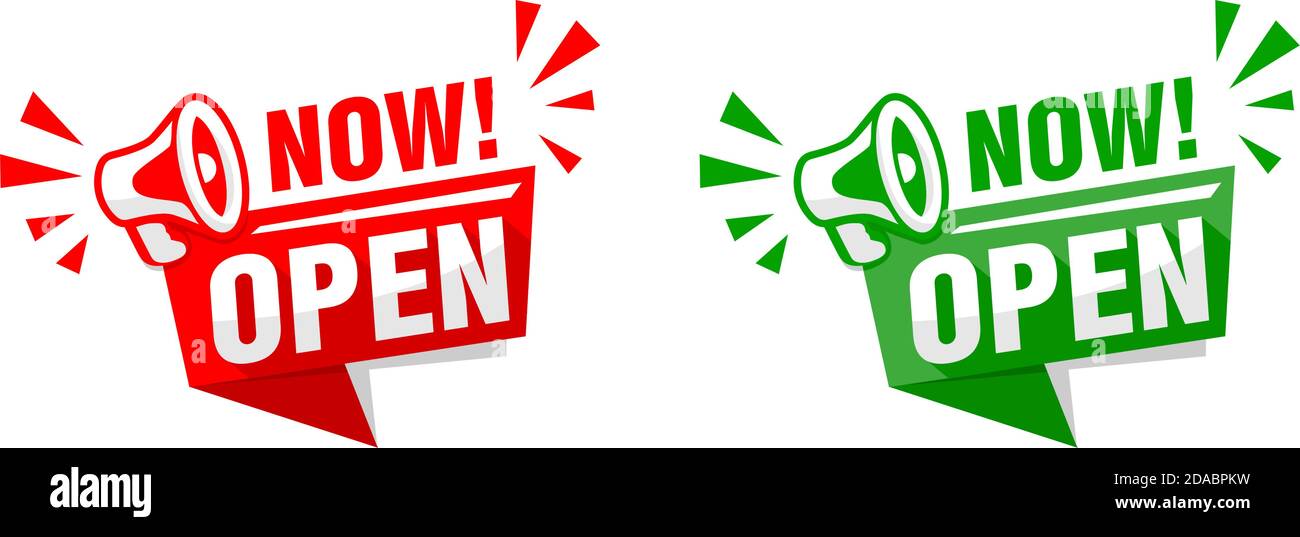 Jetzt öffnen Aufkleber mit Megaphon. Webbanner auf transparentem Hintergrund. Abbildung, Vektor Stock Vektor