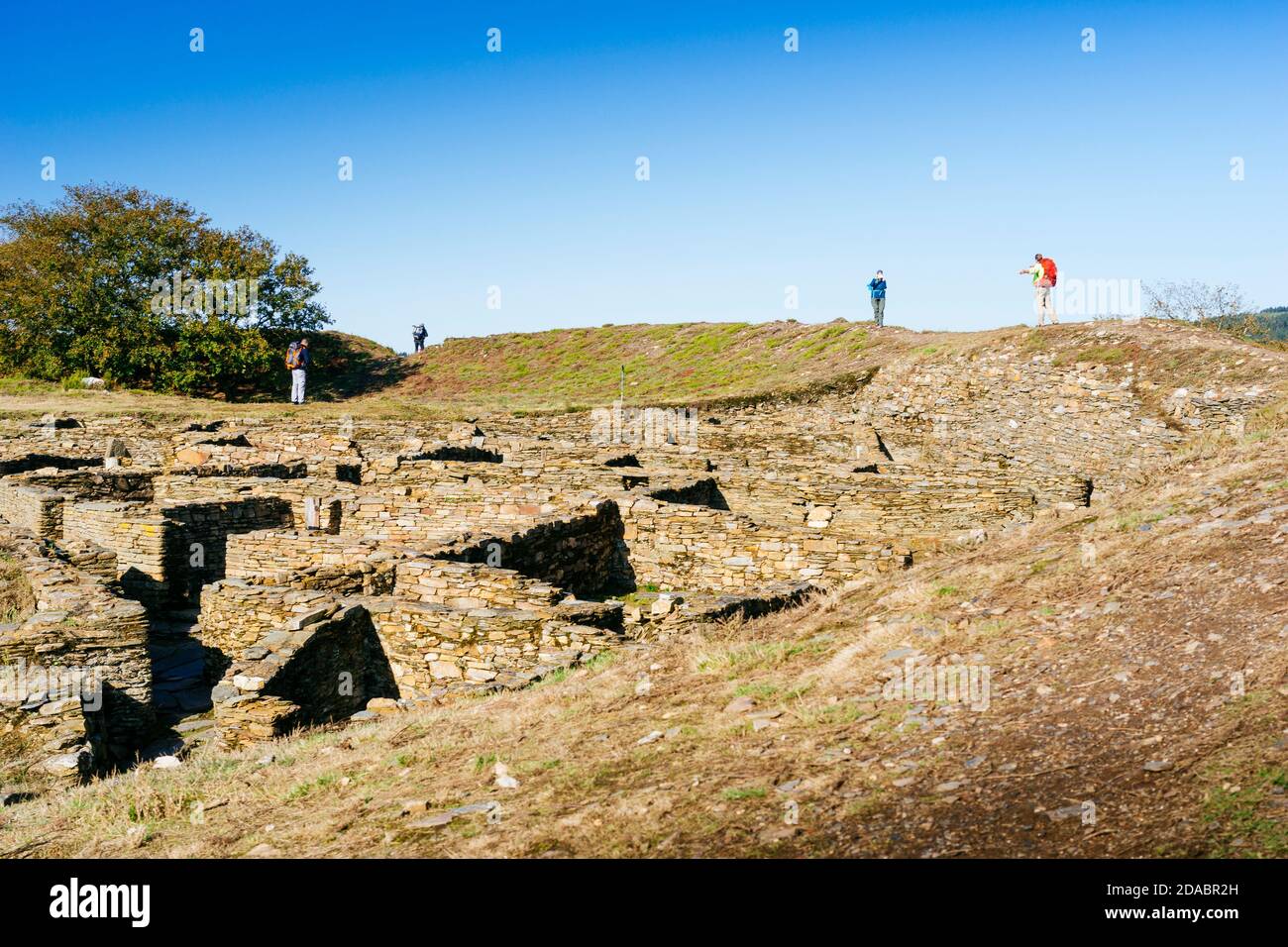 Vorrömisches Castro, Hügelburg, Castromaior, Beispiel der keltischen Kastros der Eisenzeit. Neben dem Weg nach Santiago. Französischer Weg, Jakobsweg. Stockfoto