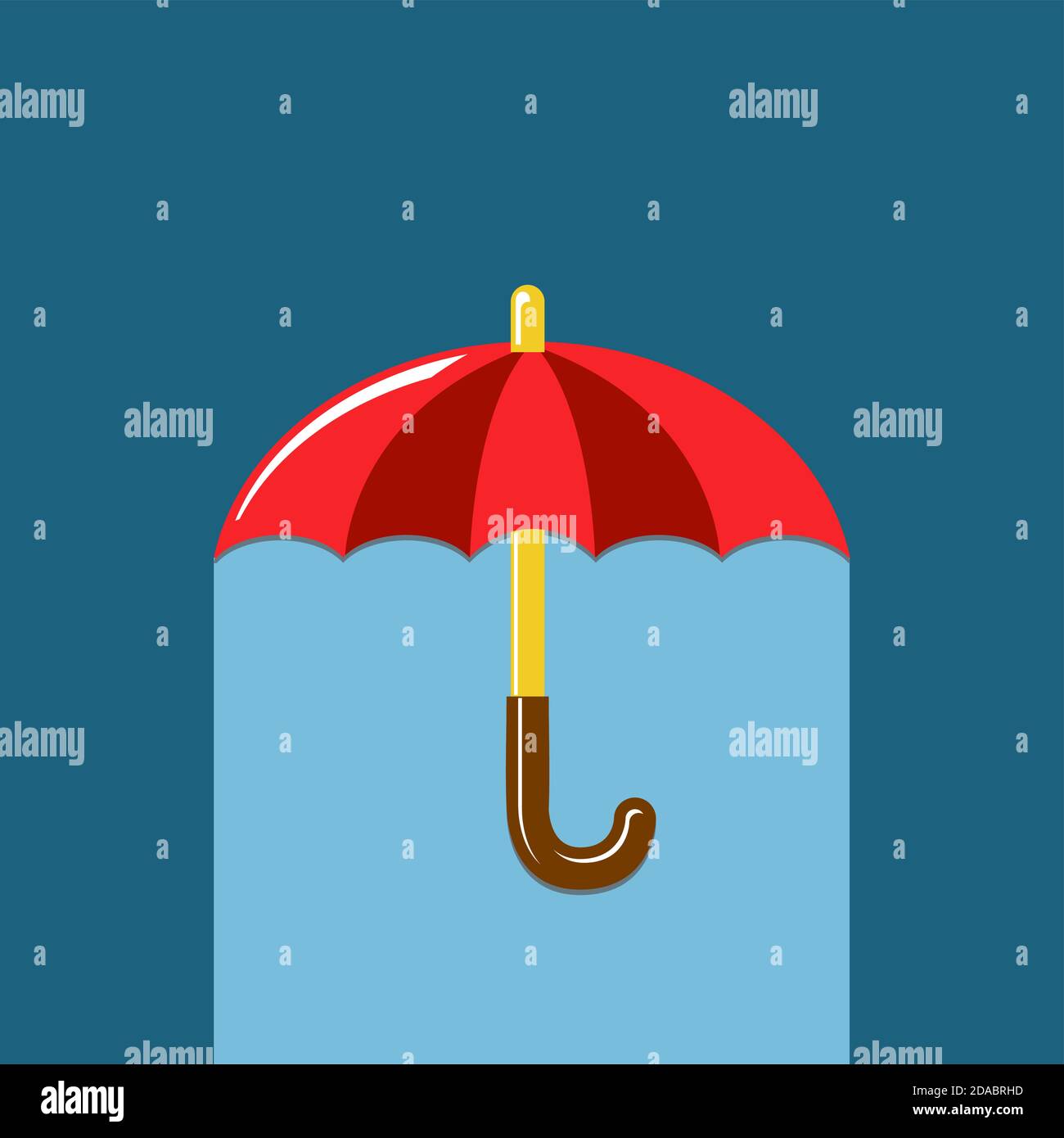 Roter, offener Regenschirm auf blauem Hintergrund. Flaches Design, Vektor Stock Vektor