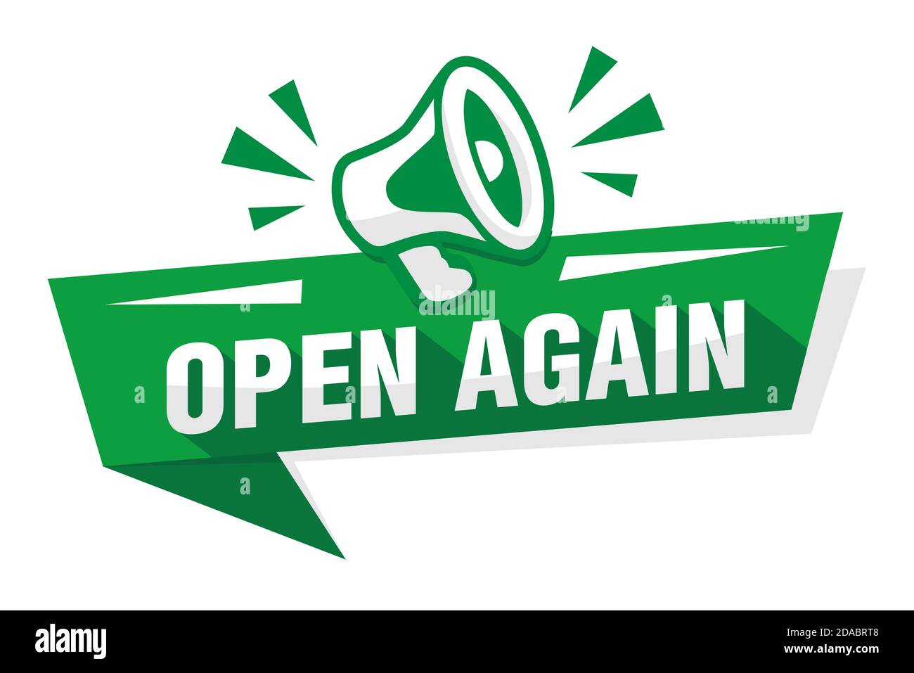Wiedereröffnung eines Geschäfts oder Büros. Grüner Werbeaufkleber mit Megaphon wieder geöffnet. Abbildung, Vektor Stock Vektor