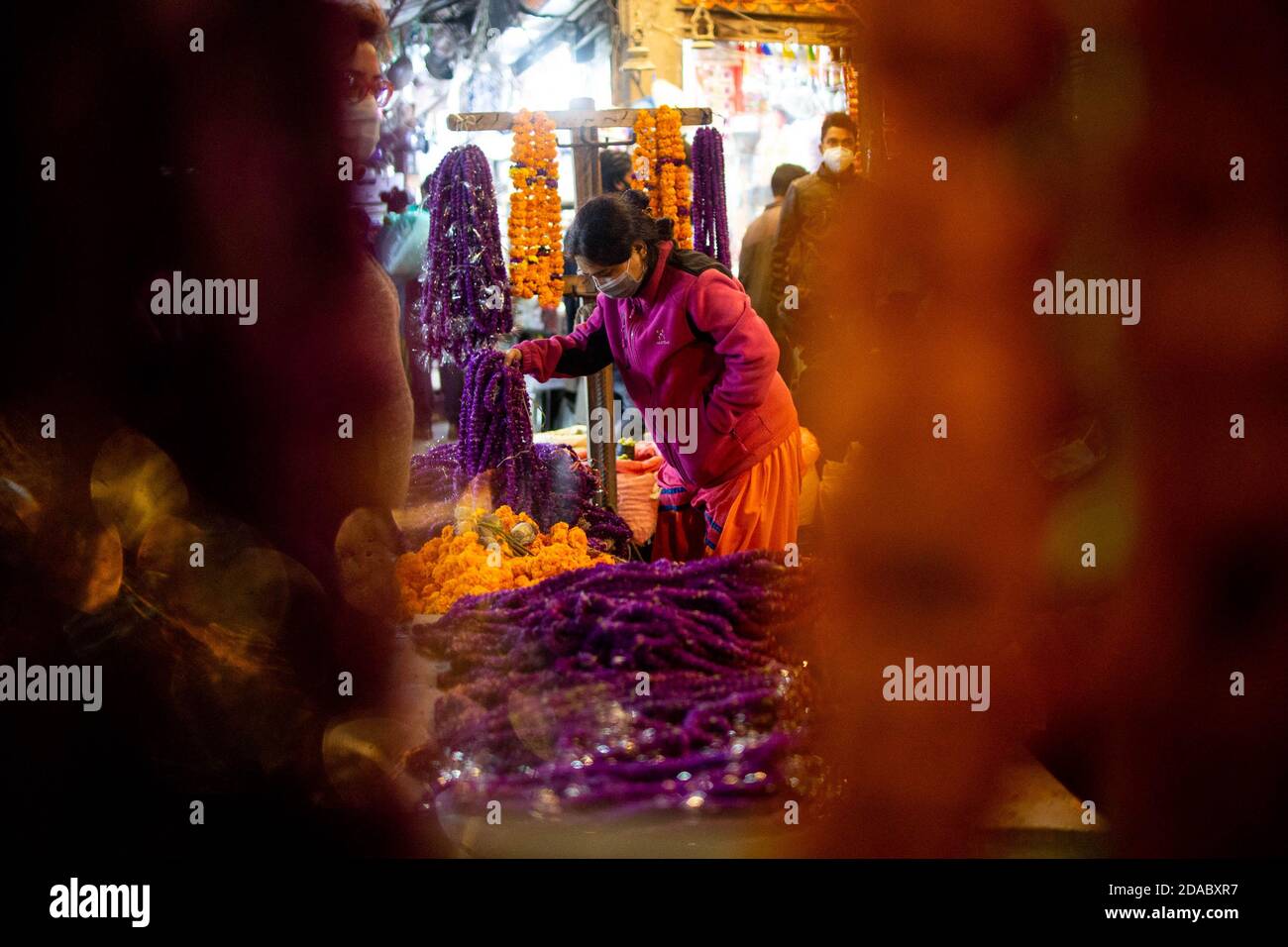 (201111) -- KATHMANDU, 11. November 2020 (Xinhua) -- EIN Händler verkauft Globe Amaranth Blume auf einem Markt vor dem Tihar Festival in Kathmandu, Nepal, 11. November 2020. Tihar ist eines der wichtigsten hinduistischen Festivals gefeiert für fünf Tage im Oktober oder Anfang November jedes Jahr. (Foto von Sulav Shrestha/Xinhua) Stockfoto