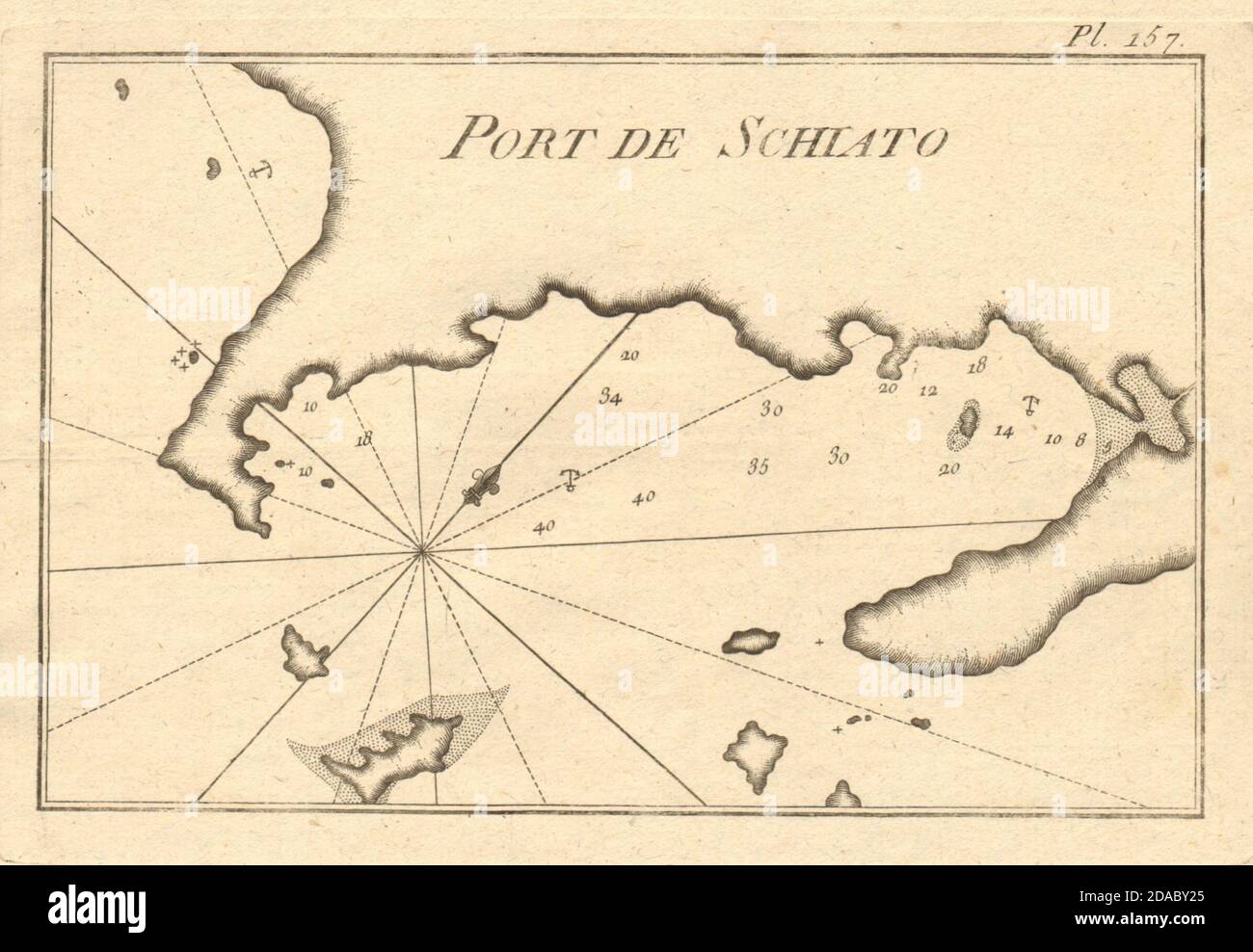 Hafen von Schiato. Der Hafen von Skiathos, Sporaden. Griechenland. ROUX 1804 alte Karte Stockfoto