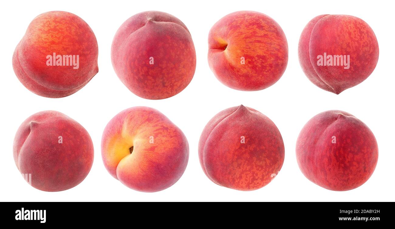 Isolierte Pfirsiche. Sammlung von frischen Pfirsichfrüchten isoliert auf weißem Hintergrund in verschiedenen Winkeln Stockfoto