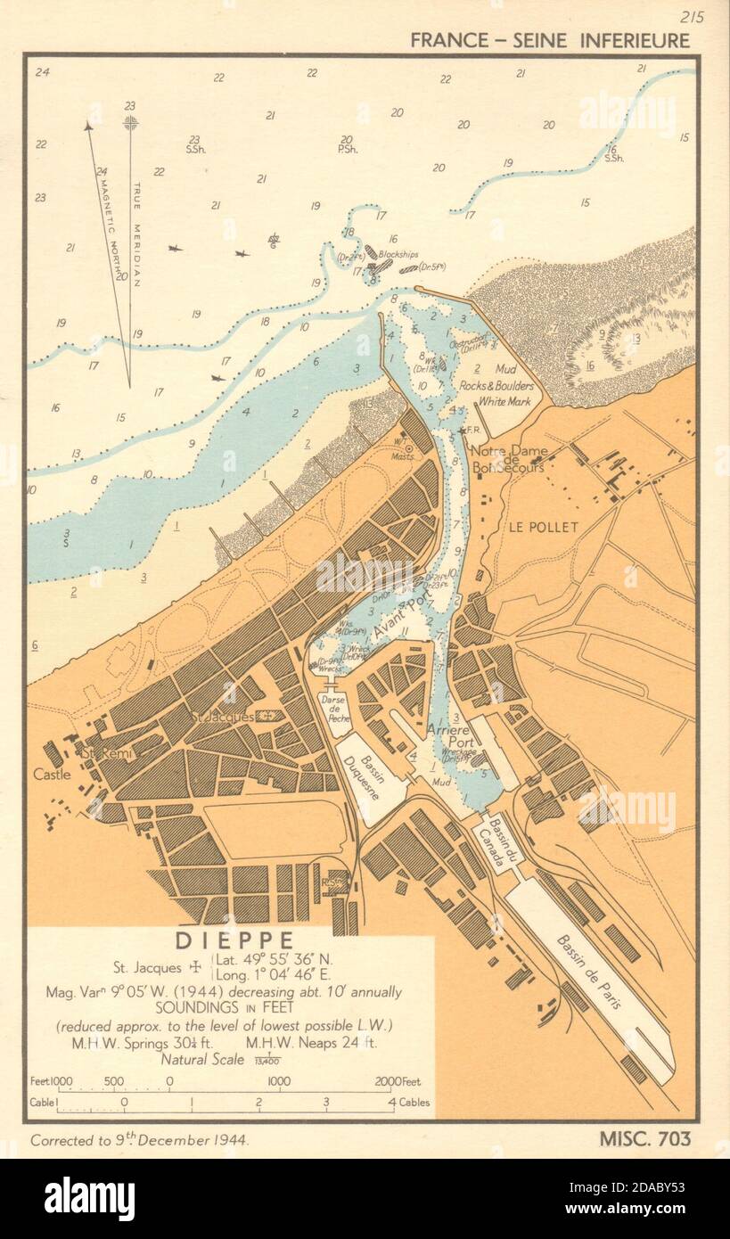 Stadtplan von Dieppe & Seeküstenkarte. D-Day-Planungs-Plan. ADMIRALTY 1944 alt Stockfoto