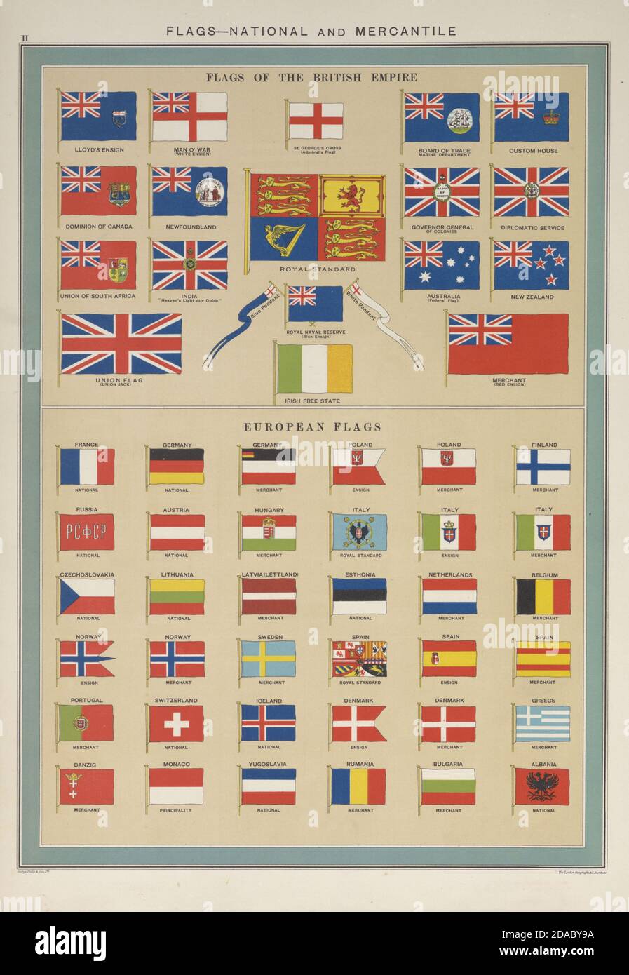 Nationale Handelsflaggen/Marineflaggen. Britisches Reich Europäisches Sowjetrußland 1927 Stockfoto