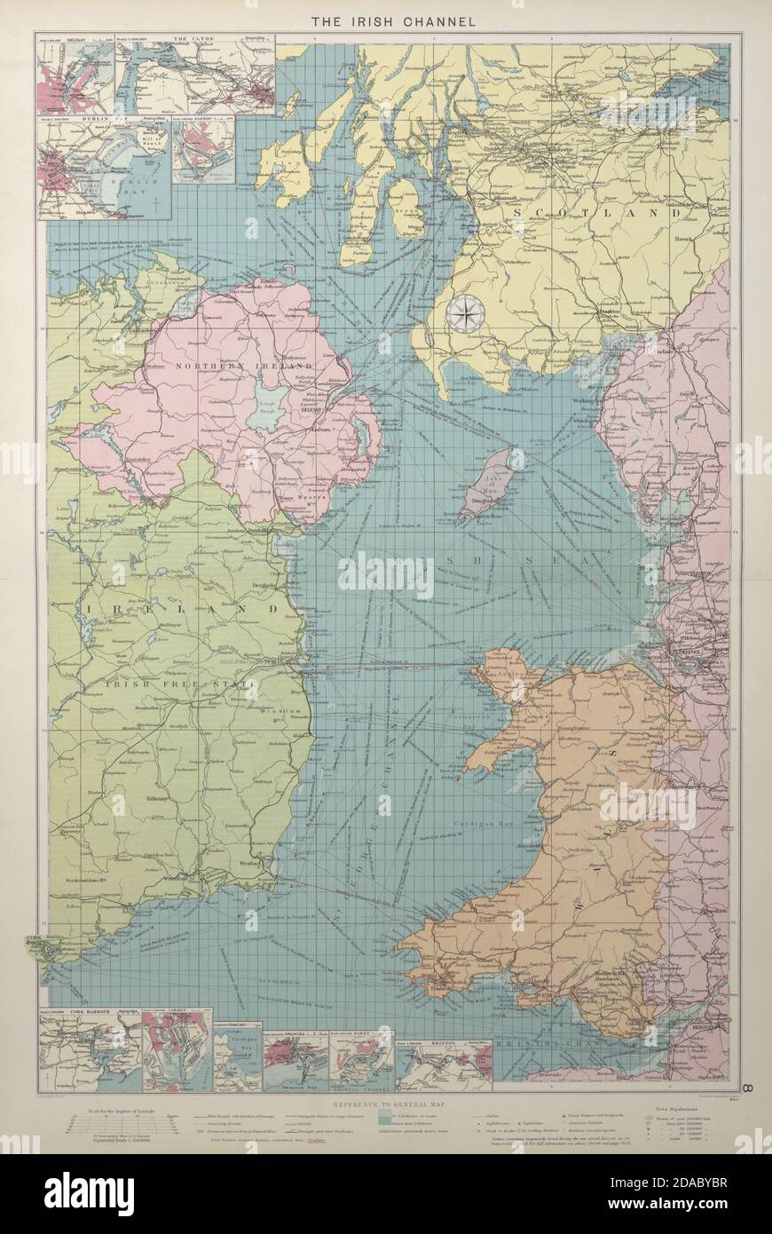 Seekarte der Irischen See. Häfen Leuchttürme Mail Routen Werften. GROSSE Karte von 1927 Stockfoto