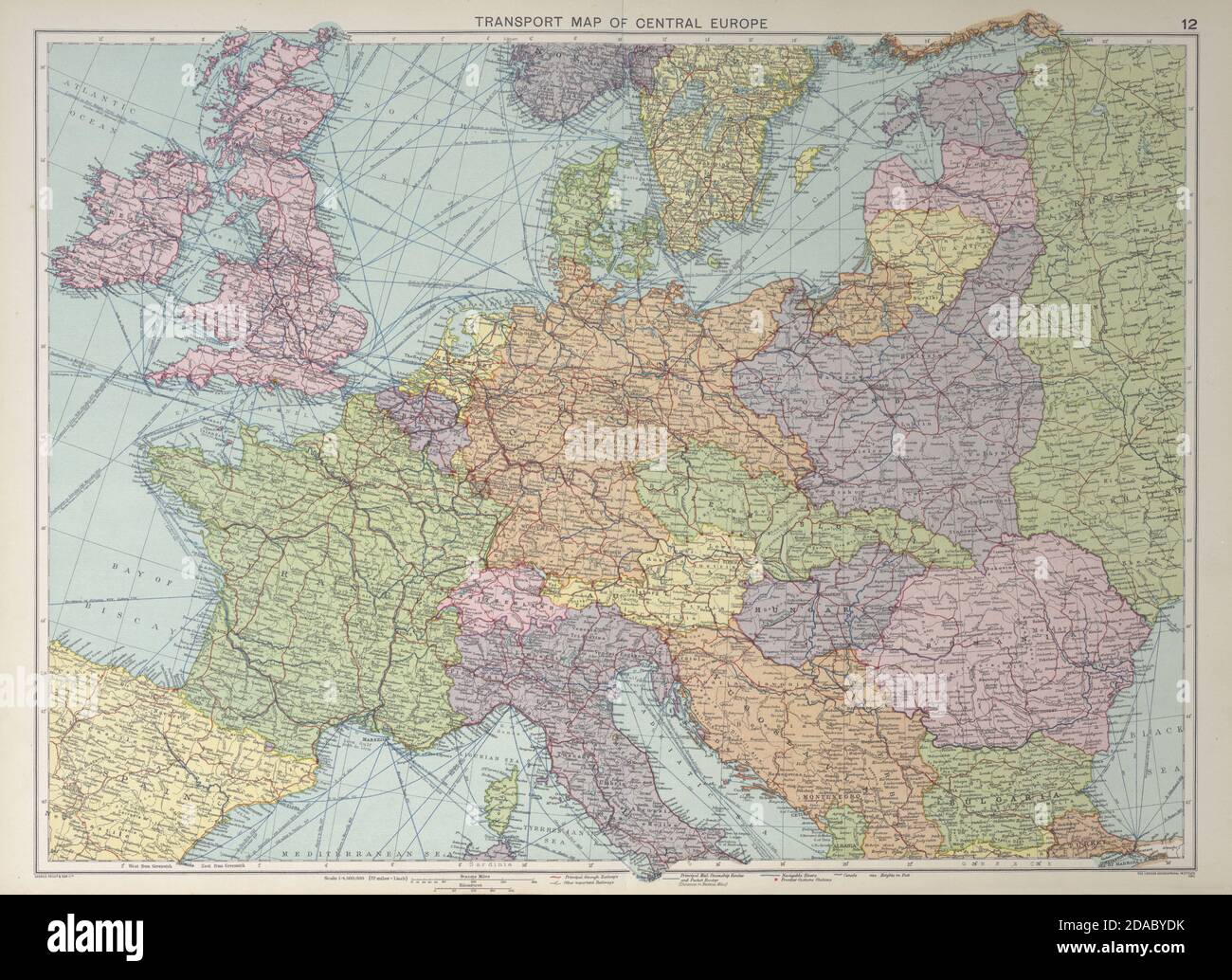Transport Karte von Mitteleuropa. Eisenbahnen Postwege. GROSS, 1927 Jahre alt Stockfoto