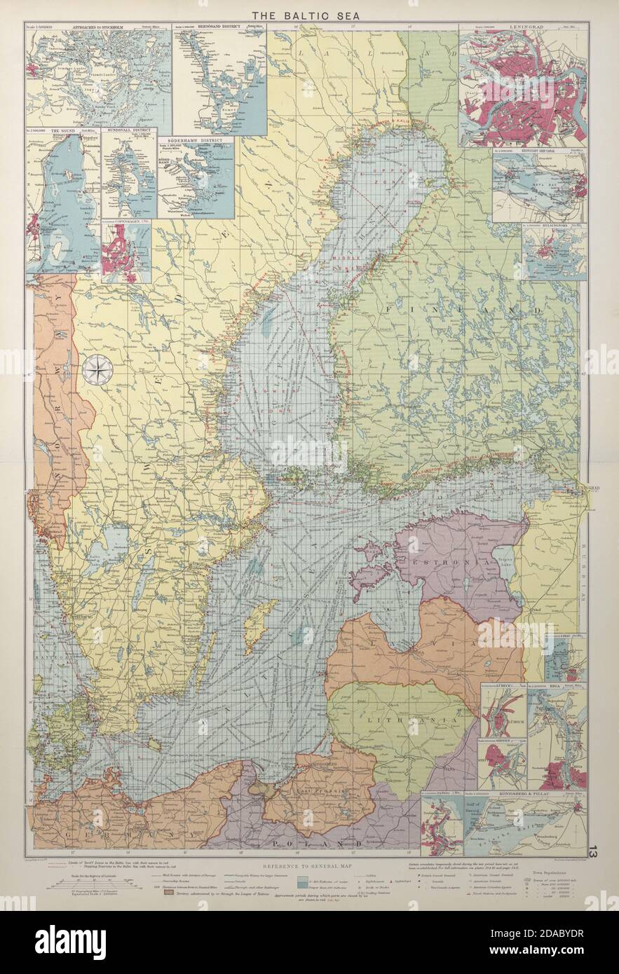 Ostsee Seekarte. Häfen Leuchttürme Mail Routen Werften. GROSSE Karte von 1927 Stockfoto