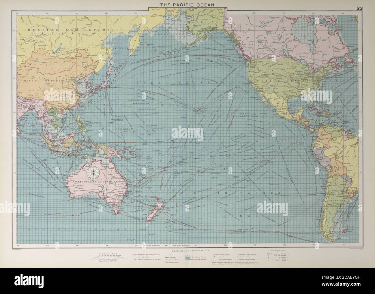 Seekarte für den Pazifischen Ozean. Häfen Leuchttürme Mail Routen Werften GROSSE 1927 Karte Stockfoto