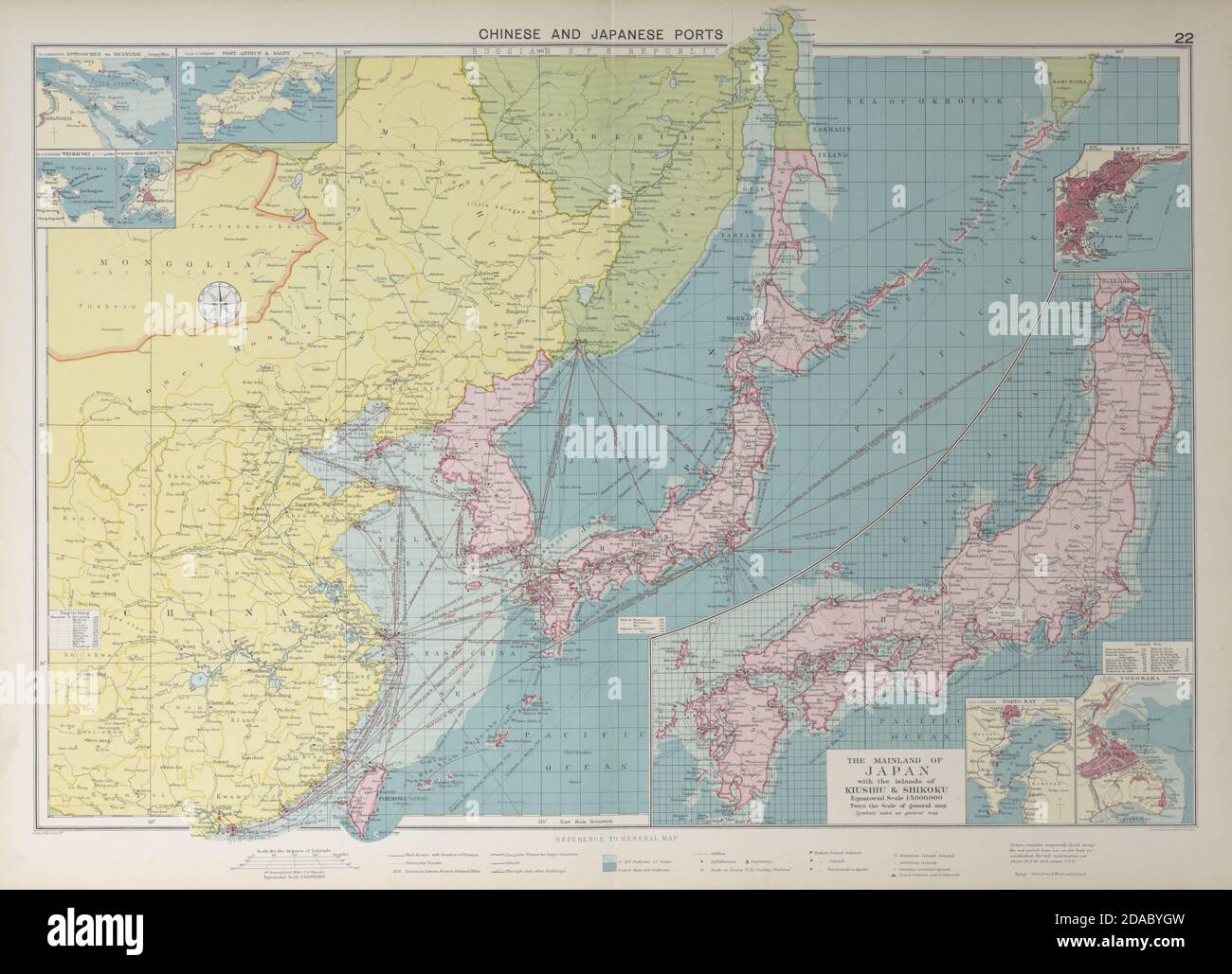 Chinesisch Japanisch Koreanisch Häfen Seekarte. Leuchttürme Mail Routen. GROSSE Karte von 1927 Stockfoto