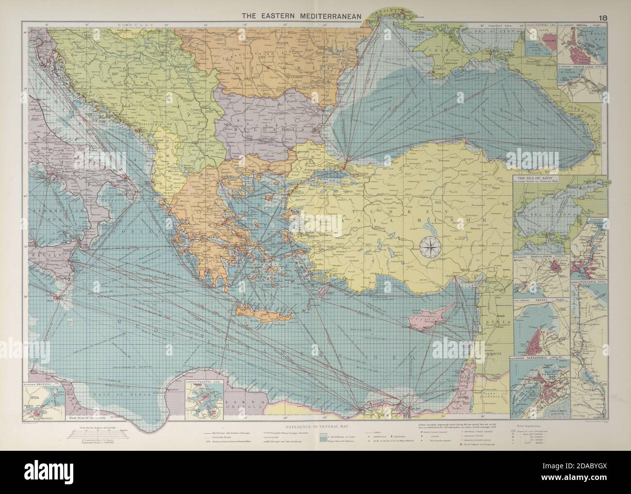 Karte für das östliche Mittelmeer und das Schwarze Meer. Häfen Leuchttürme Post. GROSSE Karte von 1927 Stockfoto