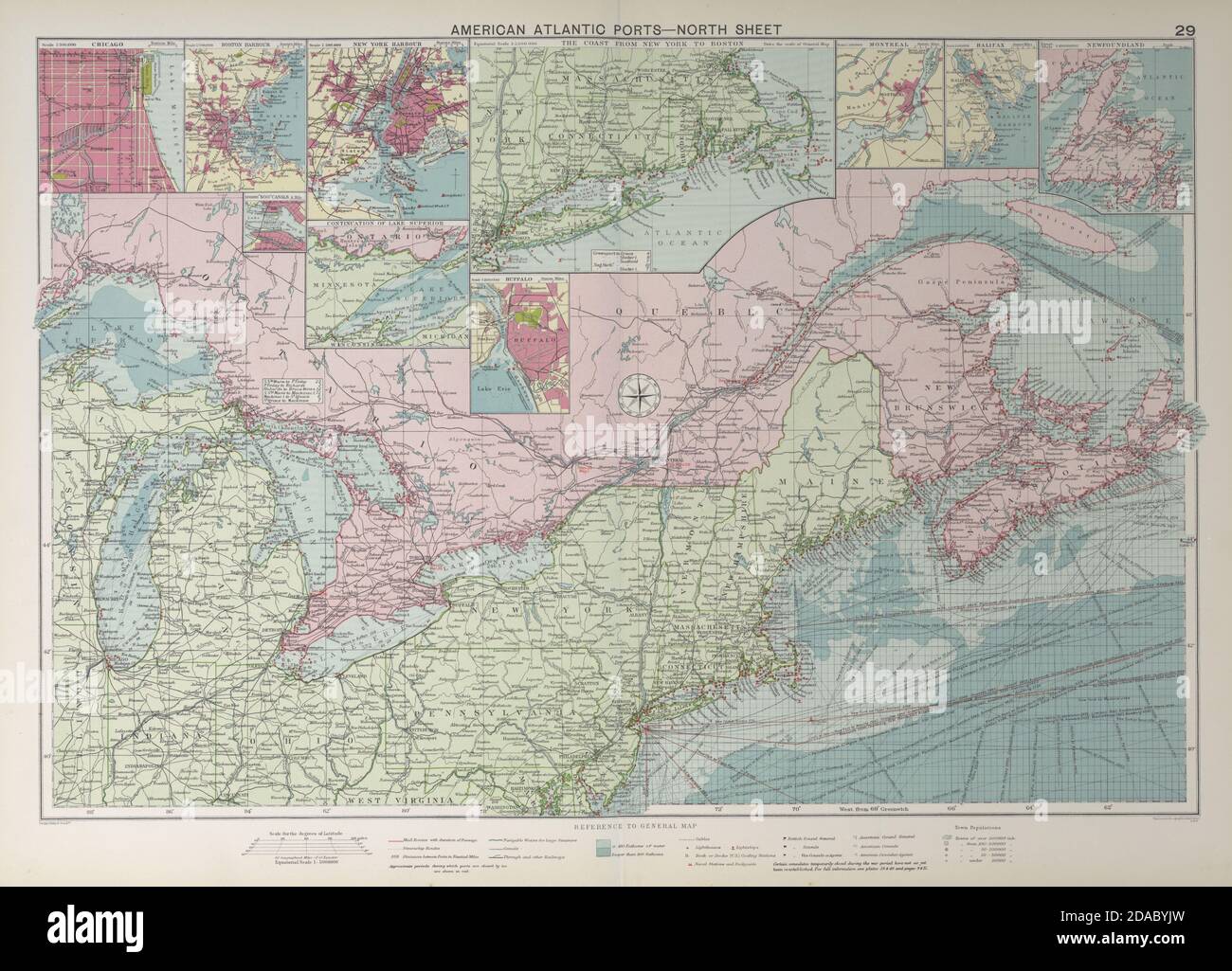 US Kanada Atlantik & Great Lakes Häfen Seekarte. Leuchttürme & c GROSSE 1927 Karte Stockfoto