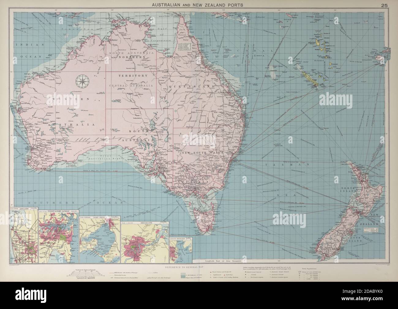 Australische und neuseeländische Häfen Chart Leuchttürme Mail Route GROSS 1927 alte Karte Stockfoto