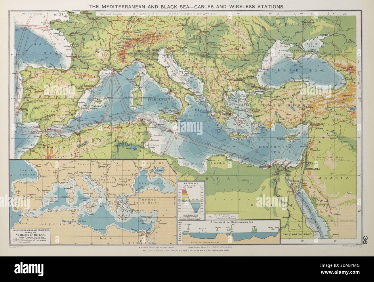 Mittelmeer Und Schwarzes Meer. Kabel. Sichtverhältnisse an Land. Versandlinien 1927 Karte Stockfoto