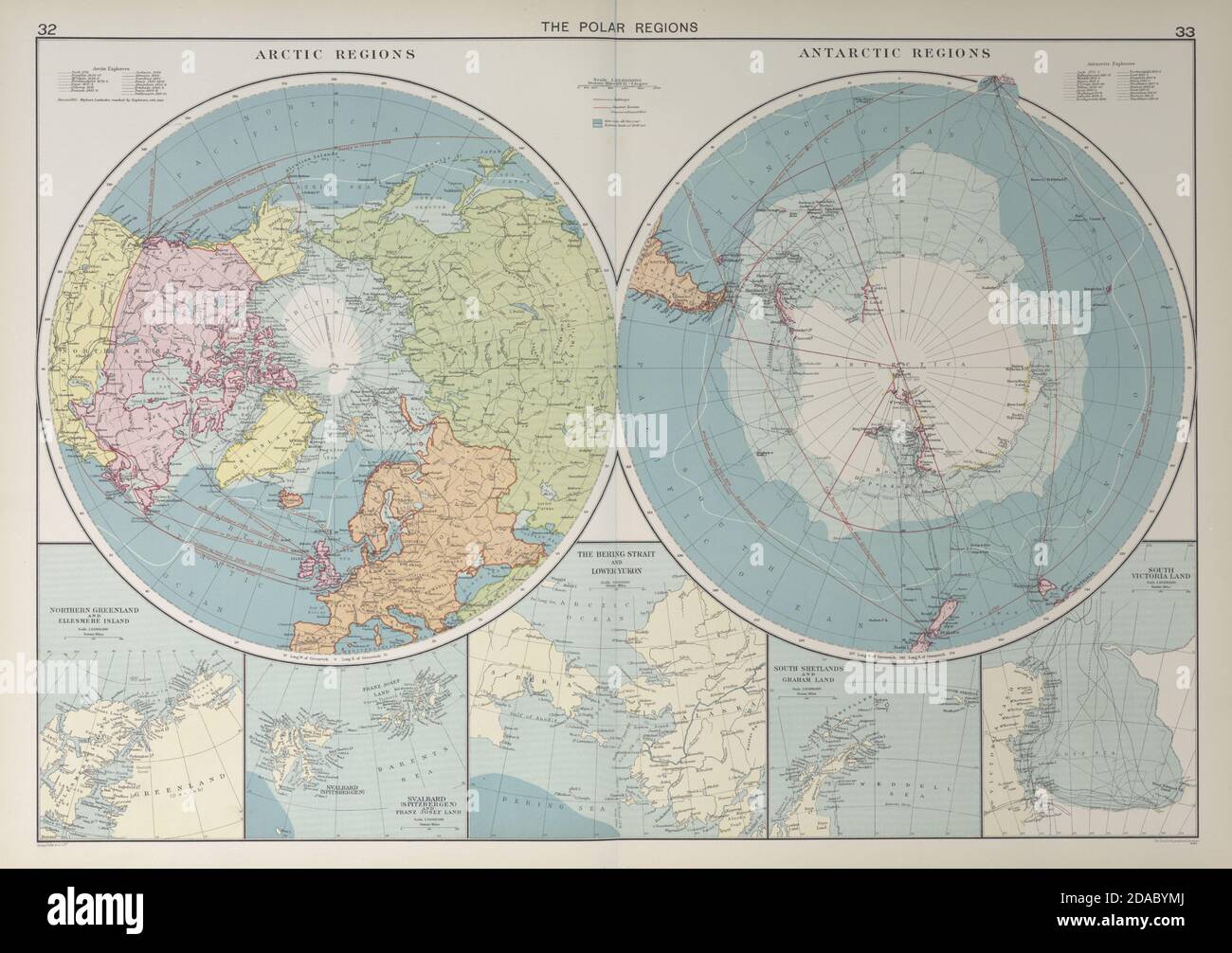 Polarregionen. Arktis/Antarktis Seekarte. Routen für Dampfgarer. GROSSE 1927 alte Karte Stockfoto