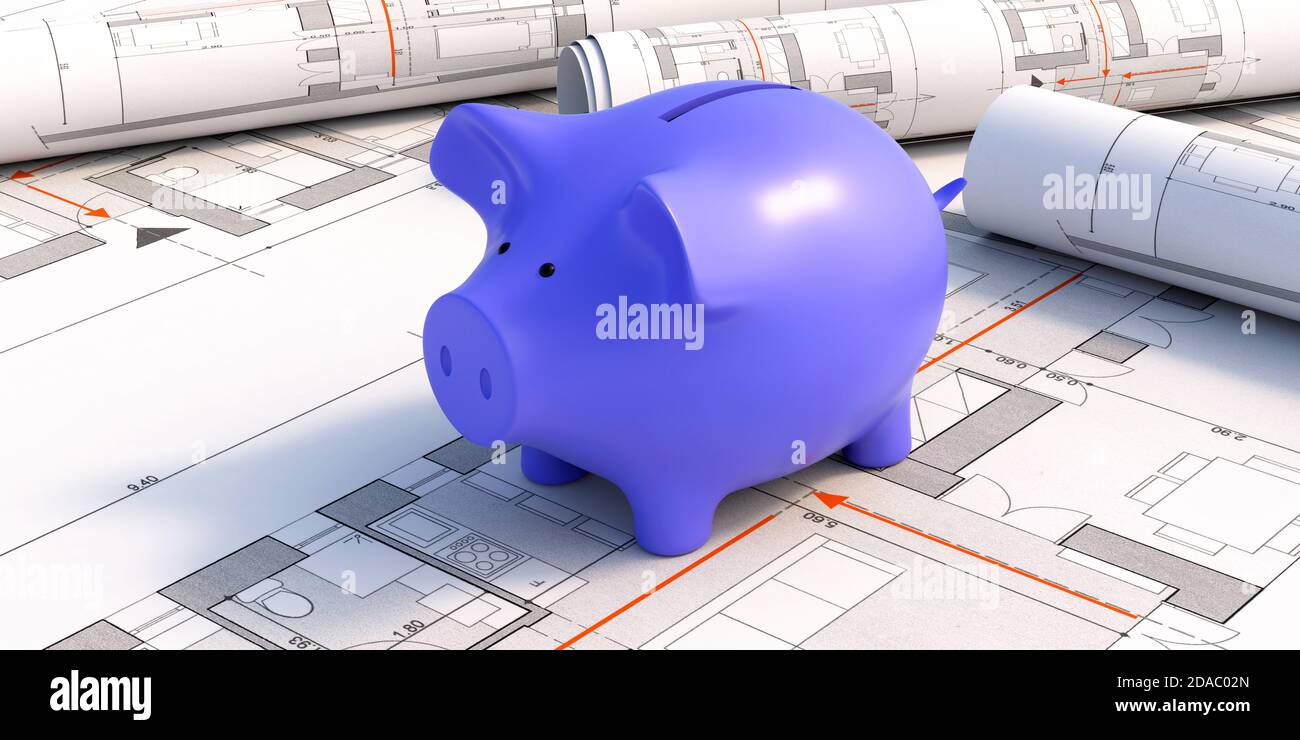 Baukostenbudget-Konzept. Blue Sparschwein auf Blaupause Pläne Hintergrund. Büroschreibtisch für Architekten. 3d-Illustration Stockfoto