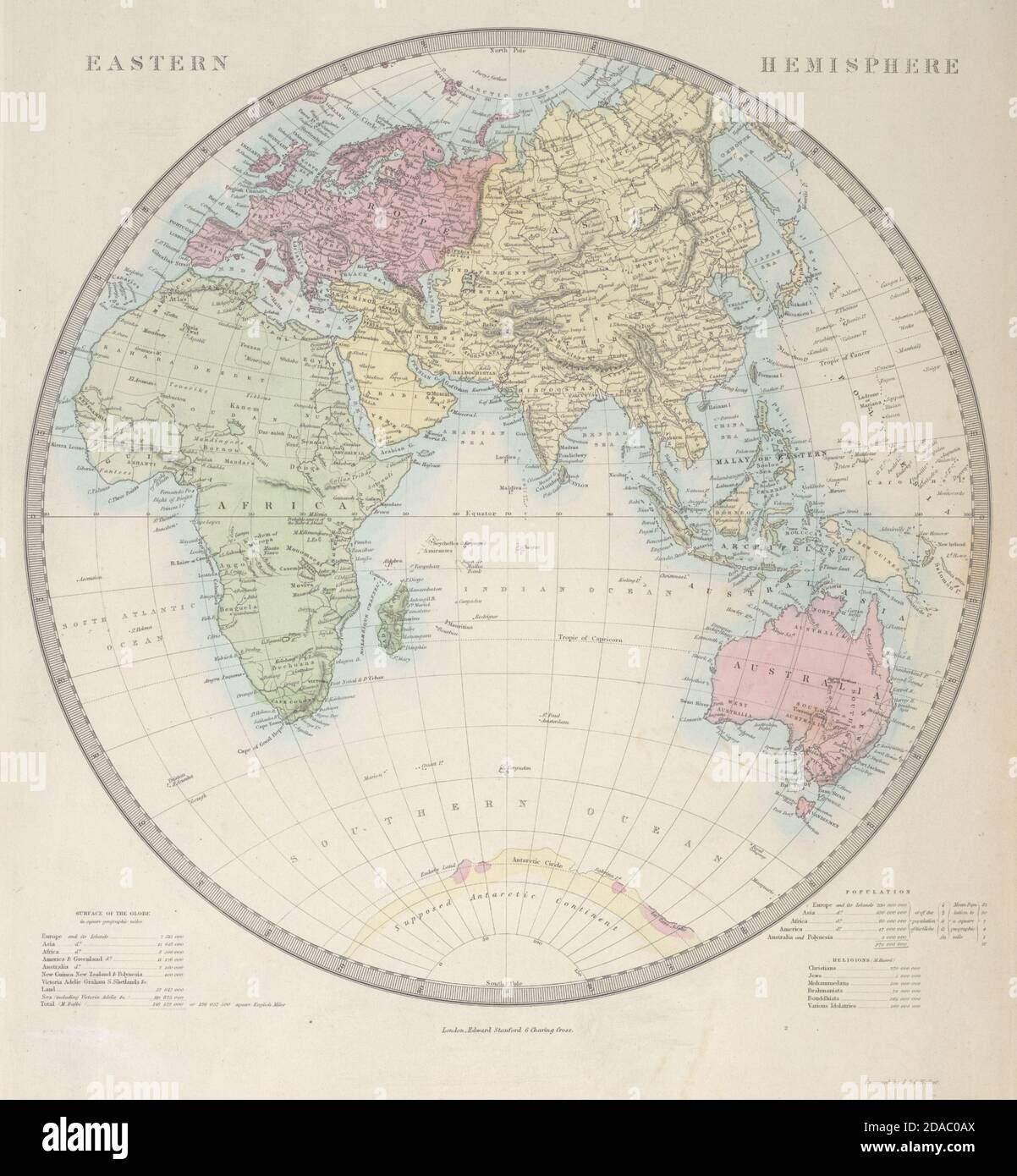 ÖSTLICHE HEMISPHÄRE Europa Afrika Asien vermeintlicher antarktischer Kontinent SDUK 1857 Karte Stockfoto