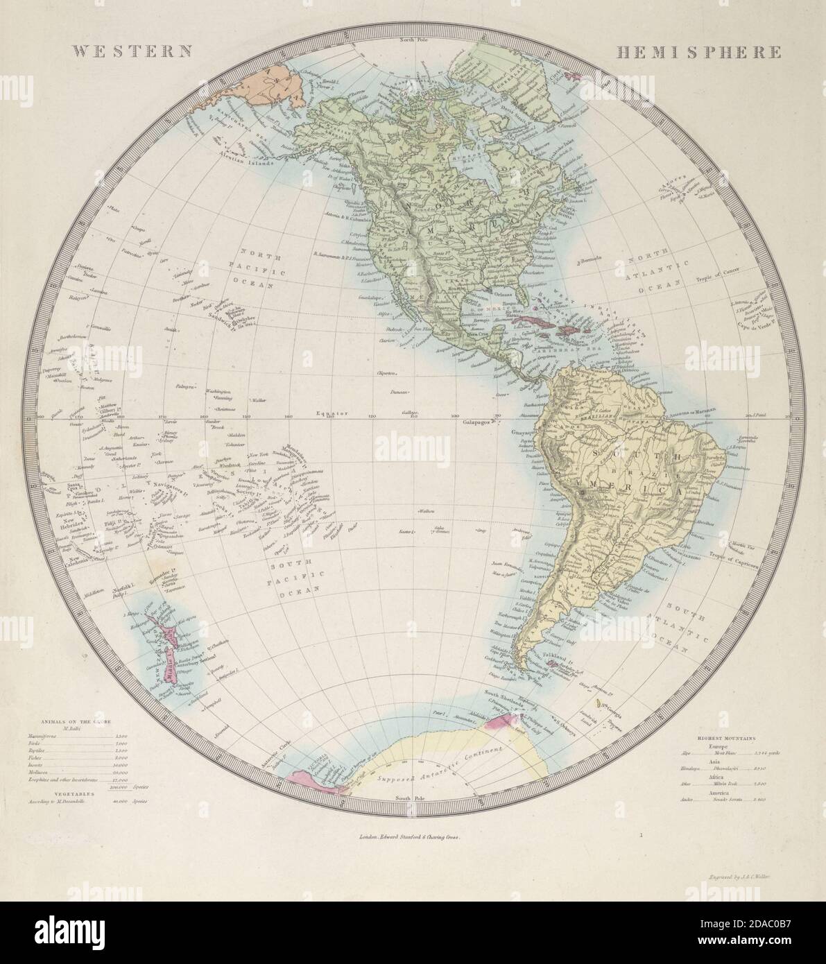 WESTLICHE HEMISPHÄRE Pazifik Amerika 'Supposed Antarctic Continent' SDUK 1857 Karte Stockfoto