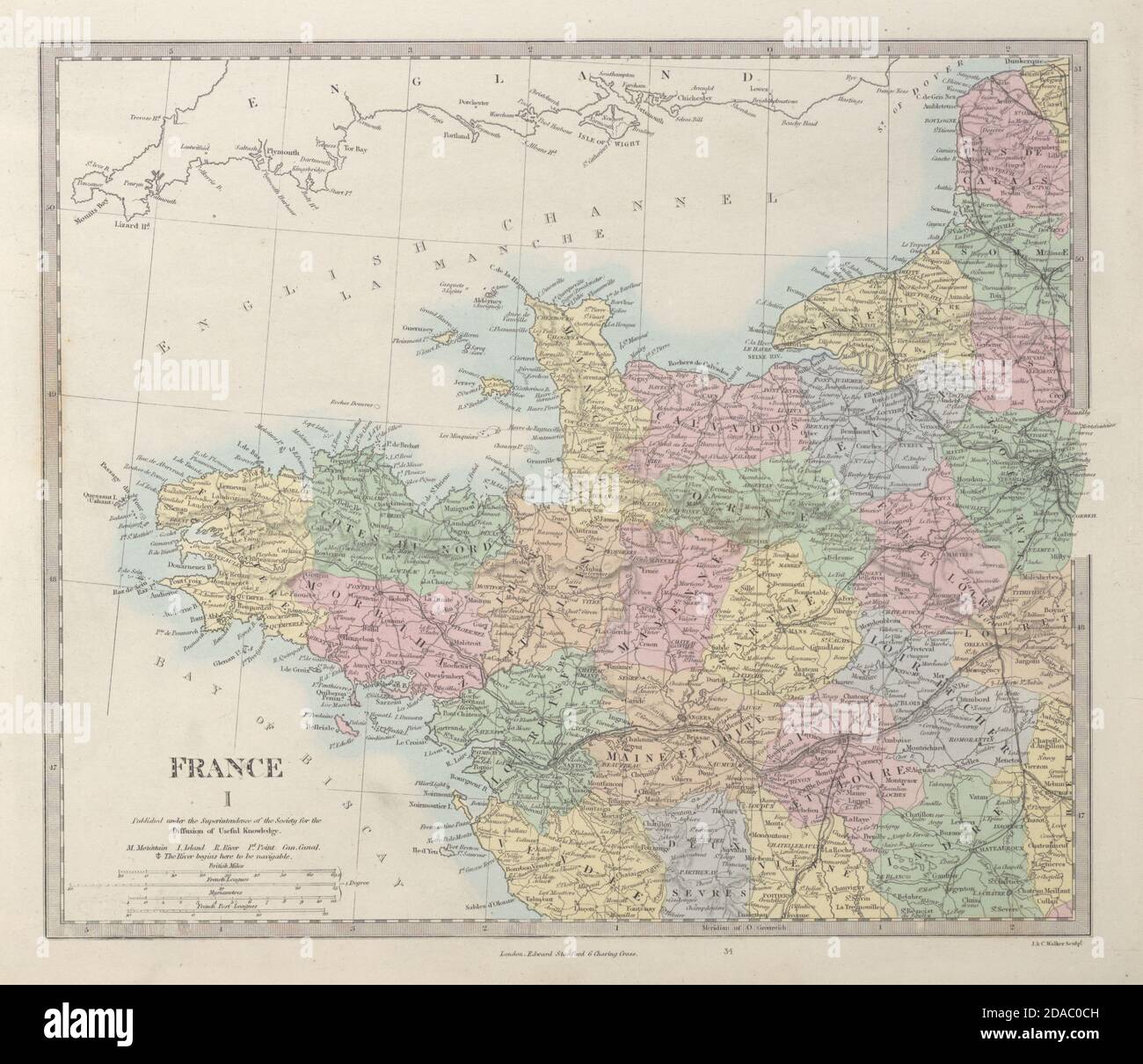 FRANKREICH NORD-WEST. Bretagne Normandie Loire Centre. Handfarbig. SDUK 1857-Karte Stockfoto