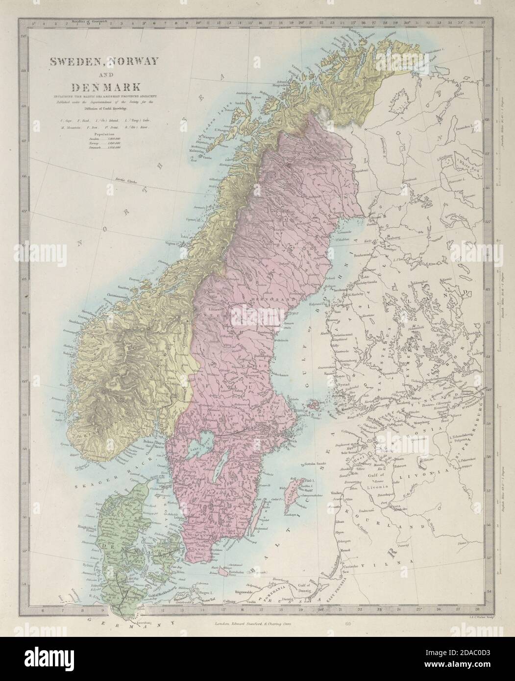 SKANDINAVIEN. Schweden, Norwegen und Dänemark. Populationen. SDUK 1857 alte Karte Stockfoto