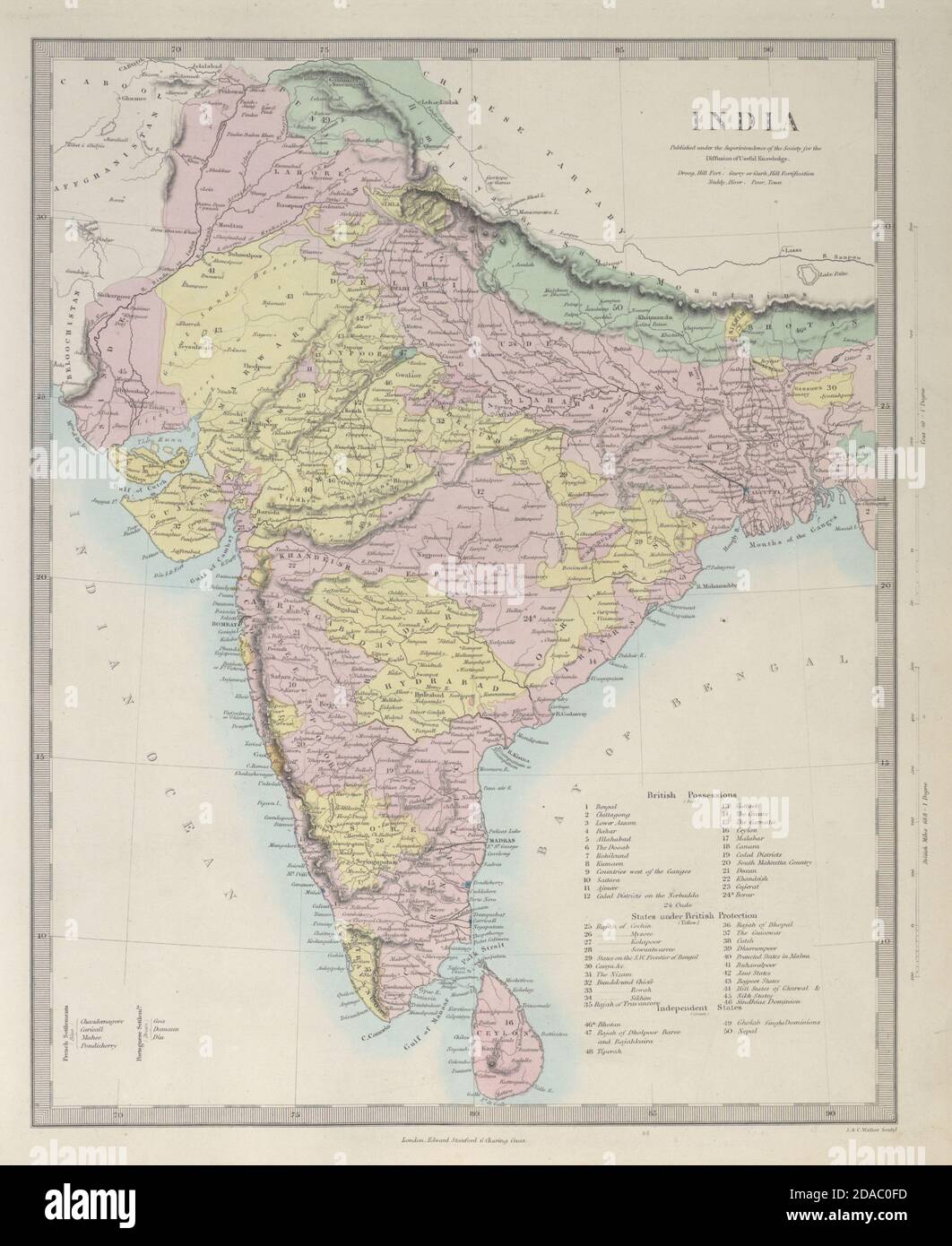 BRITISCHES INDIEN Britisches Französisch Portugiesisch Besitz/Protektorate. SDUK 1857-Karte Stockfoto